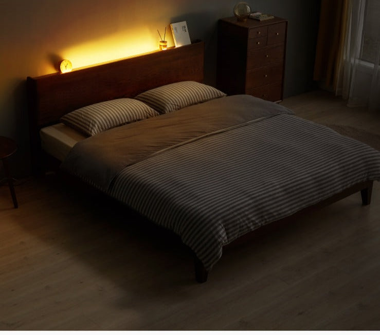 Solid Oak Wood Modern Bed Frame with LED Night Lights in Walnut Finish - Perfect for Bedroom Decor and Cozy Nighttime Ambiance