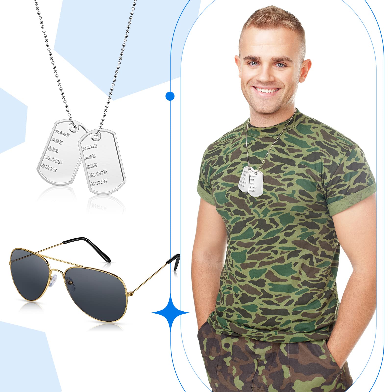 BBTO 2-Piece Military Pilot Costume Set - Silver Metal ID Tag Necklace & Sunglasses for Men & Women - Perfect for Halloween, Cosplay, Airsoft, and Themed Parties