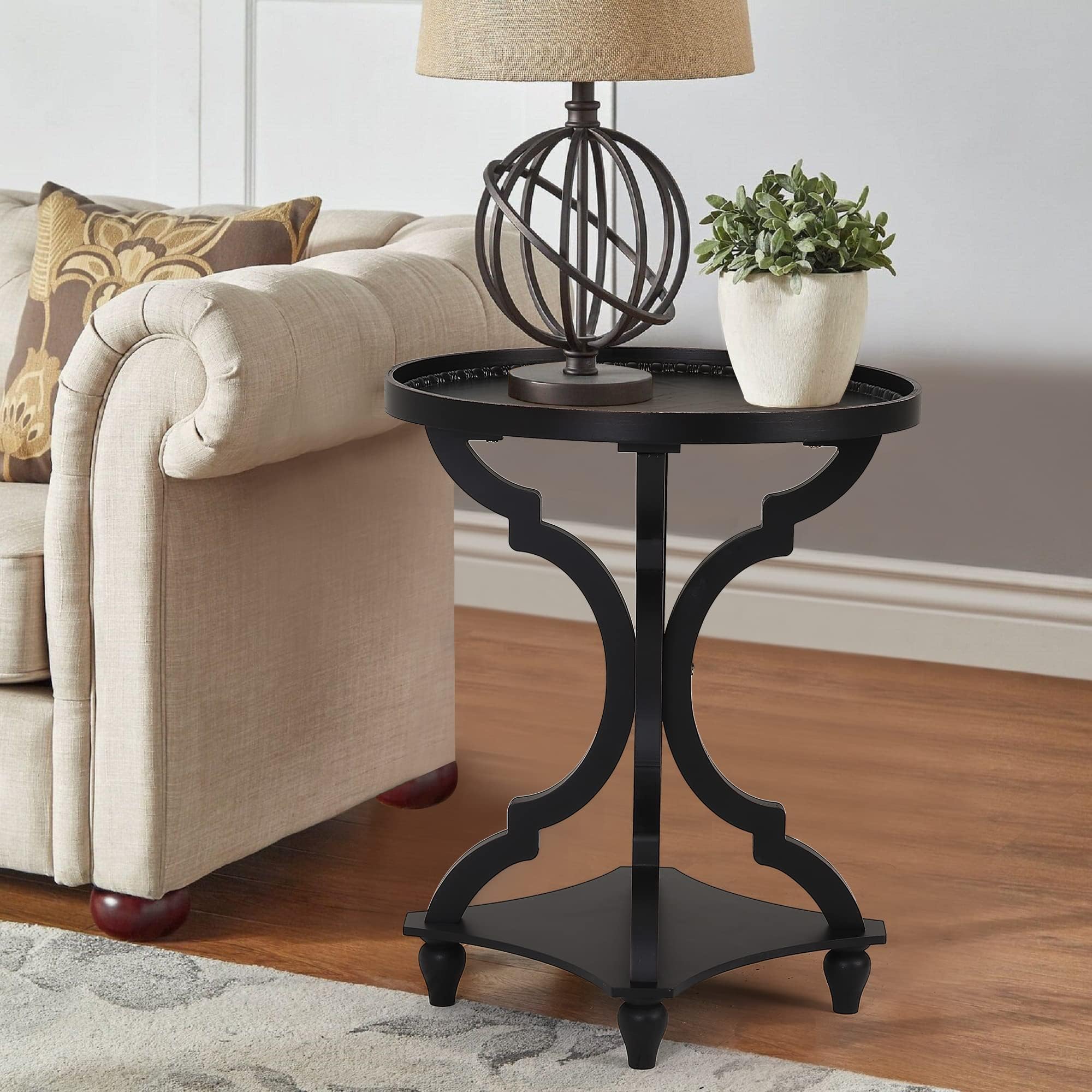 Wnutrees Farmhouse Round Accent End Table Set of 2 - Rustic Wood Side Table with Tray Top, Handcrafted Finish for Living Room, Bedroom or Office - Black Nightstand for Home Decor