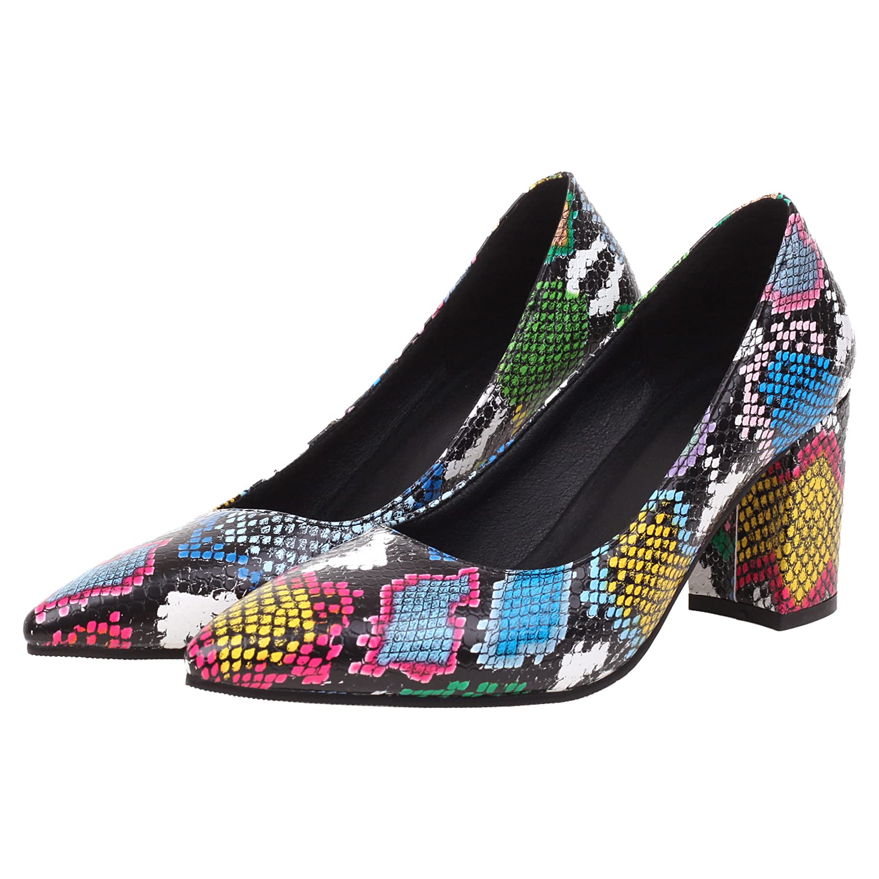Elbslutt Women's Snake Print Pointed Toe Block Heel Pumps - Slip On Chunky High Heel Dress Shoes for Office, Party & Evening Wear