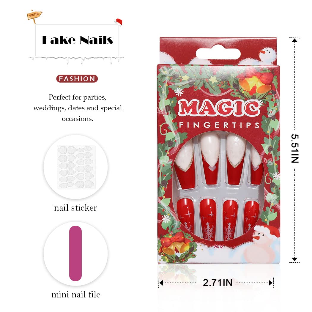 Christmas Press on Nails Long Red Glossy Fake Nails with Snowflake Design - 24Pcs Stick on Nails for Women & Girls - Perfect for Holiday Parties, Gift Giving & Festive Nail Art