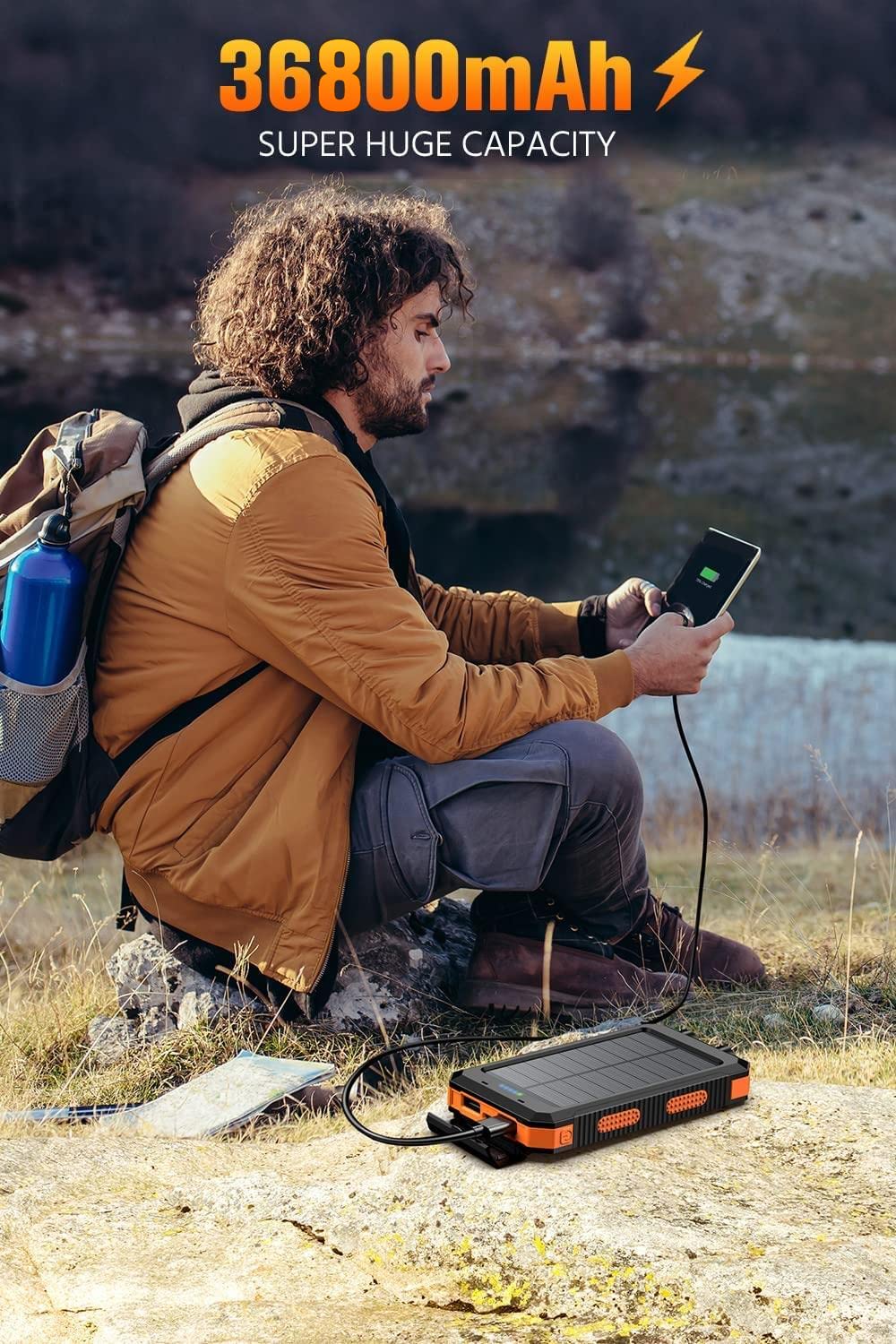 Feeke 36800mAh Solar Power Bank with QC3.0 Fast Charging, Dual USB Ports, Built-in LED Flashlight & Compass - Portable Charger for iPhone, Samsung, Android Phones & Electronic Devices (Orange) - Perfect for Camping, Hiking, Travel & Emergency Power Backup