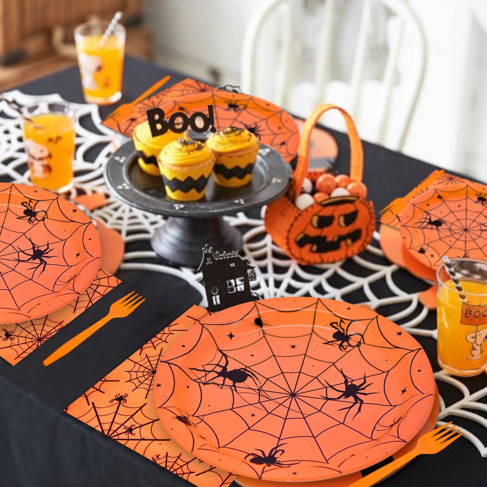 96-Piece Halloween Spider Web Disposable Tableware Set - Orange Paper Plates, Napkins & Forks for Spooky Parties, Birthday Decor - Serves 24 | Perfect for Halloween Dinners, Themed Events & Scary Decorations