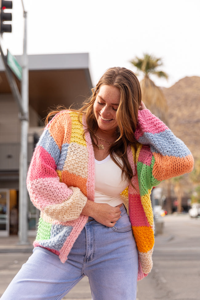 Pink & Multi-Color Block Cardigan for Women - Cozy Knit Sweater Wrap - Perfect for Fall & Winter Fashion, Office Wear & Casual Outfits
