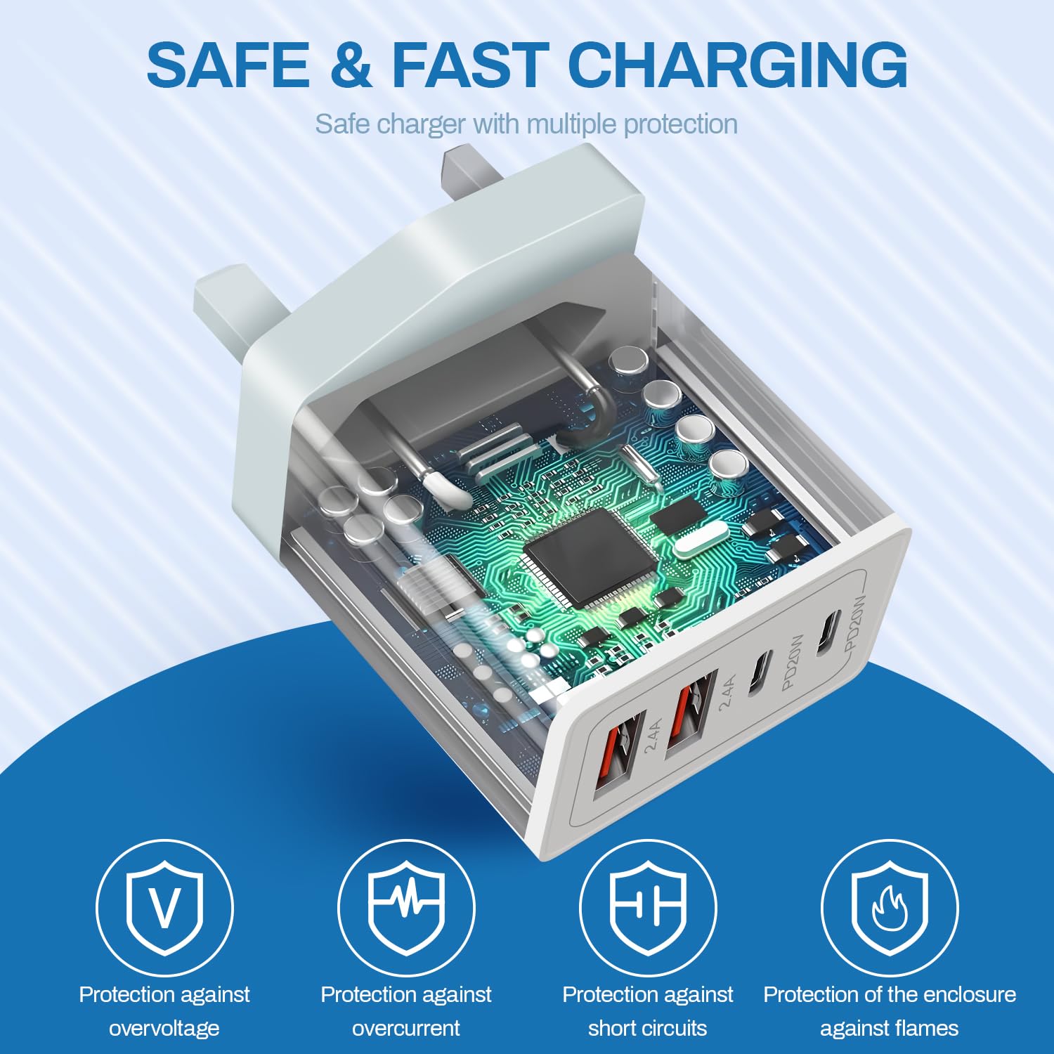 40W 4-Port Fast USB C Charger with PD & QC - Dual USB C & Dual USB A Wall Charger Adapter for iPhone 15/14/Pro/Max, Samsung Galaxy, iPad, AirPods - Perfect for Travel, Home & Office Charging