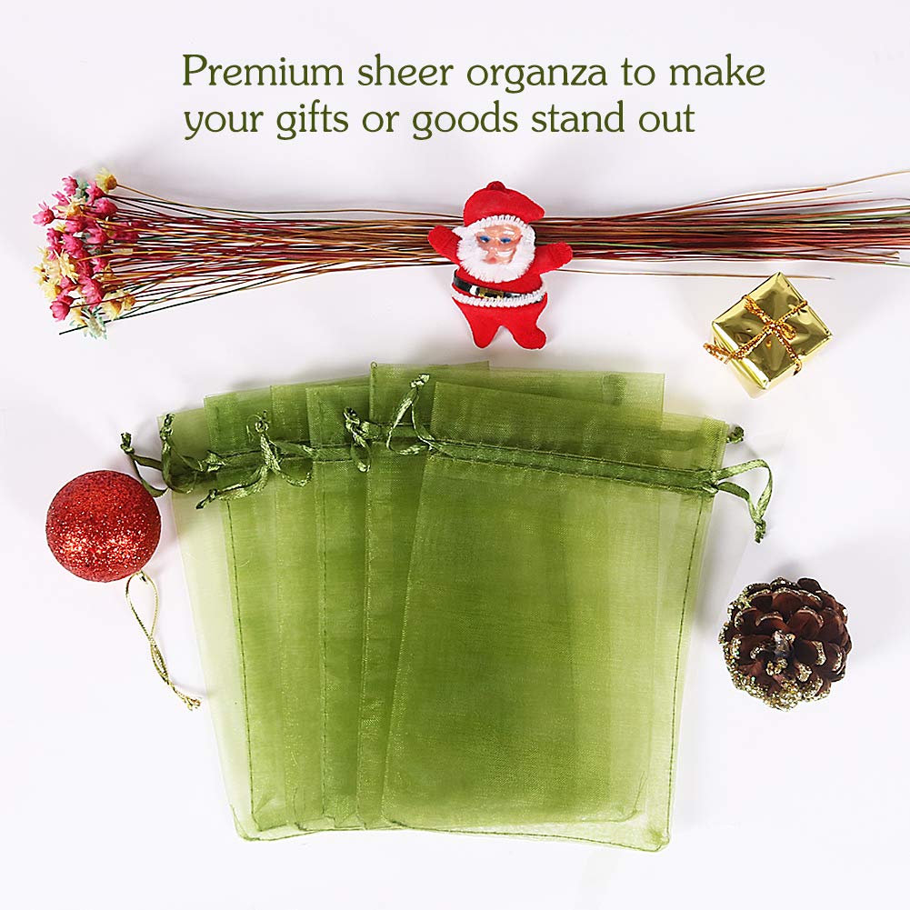 100pcs Olive Green Organza Drawstring Bags 4x6 inch - Candy, Jewelry & Gift Pouches for Christmas, Weddings, Baby Showers & Party Favors