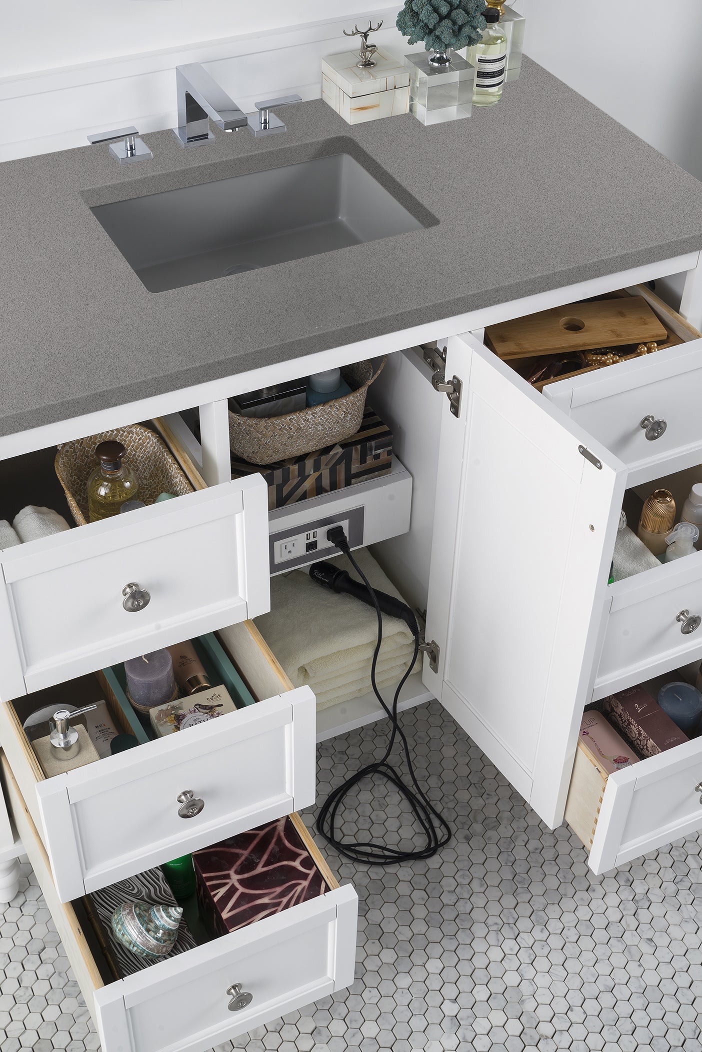 Copper Cove Encore 48 Inch Single Bathroom Vanity Set with Bright White Finish & 3CM Grey Expo Quartz Countertop - Perfect for Modern Master Bathrooms and Powder Rooms