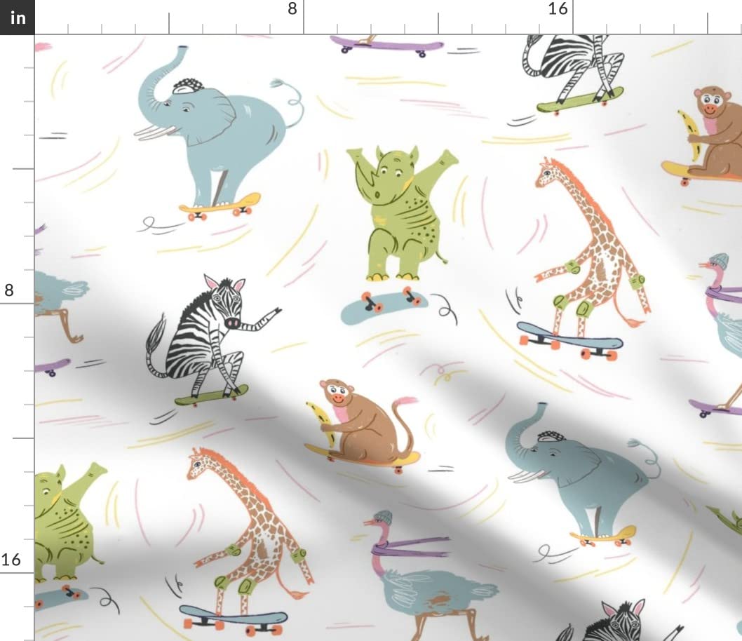 Skater Safari Kids Fabric - Pastel Zebra Monkey Giraffe Print Cotton Poplin by The Yard for Sewing, Quilting, Dresses & DIY Crafts | Perfect for Children's Clothing, Home Decor & Nursery Projects
