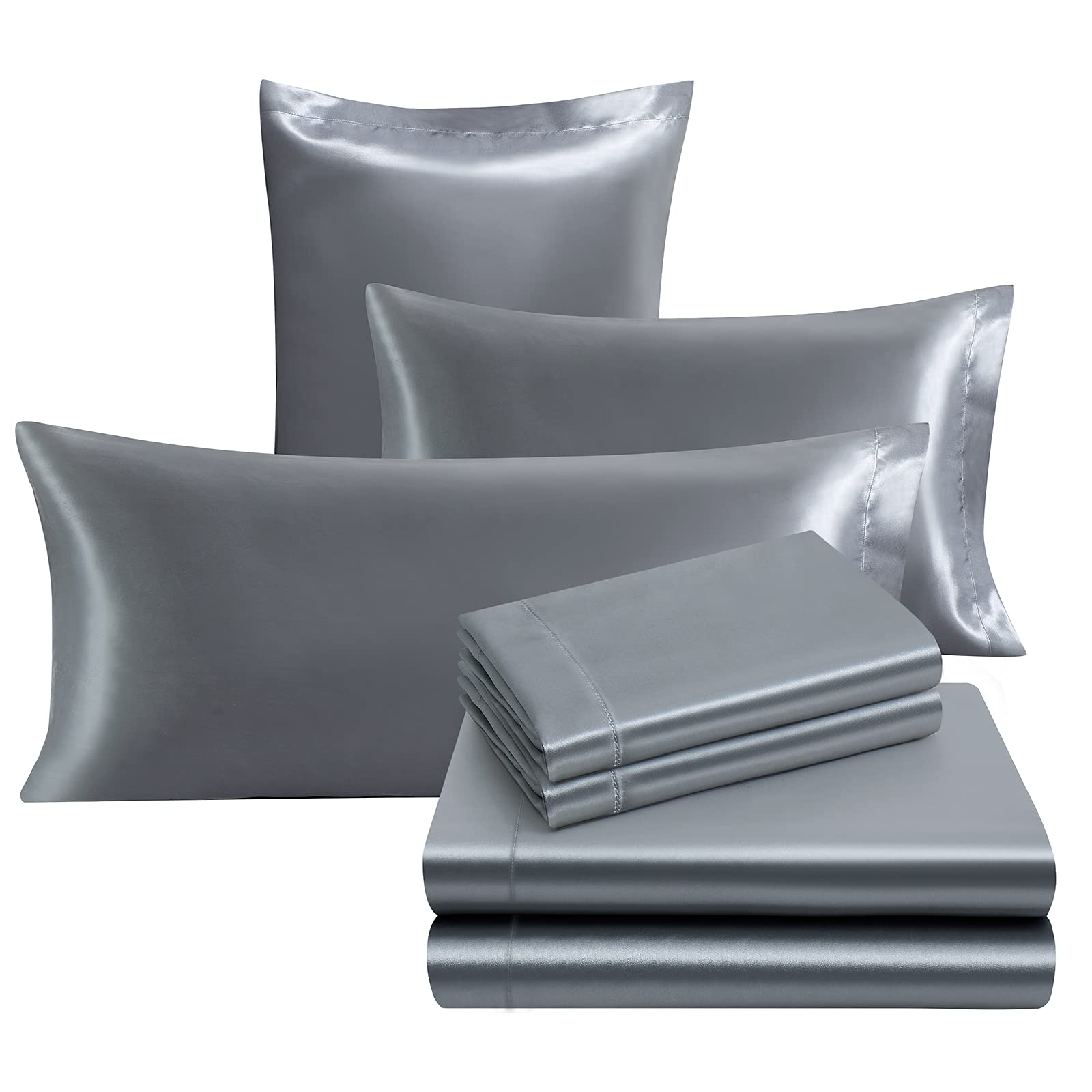 Ersmak 7-Piece Queen Size Satin Bed Sheets Set - Luxury Silky Grey Satin Sheets with Deep Pocket Fitted Sheet, Flat Sheet & 5 Pillowcases (4 Queen + 1 Body Pillowcase) | Ultra Soft Bedding for Master Bedroom, Guest Room & Hotel Use