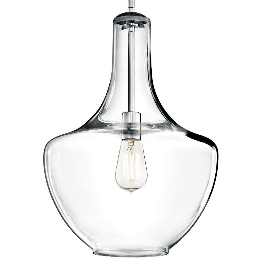 Modern Large Bell Shade Pendant Light Fixture - Clear Glass & Chrome Finish - Perfect for Dining Room, Kitchen Island, or Entryway Lighting
