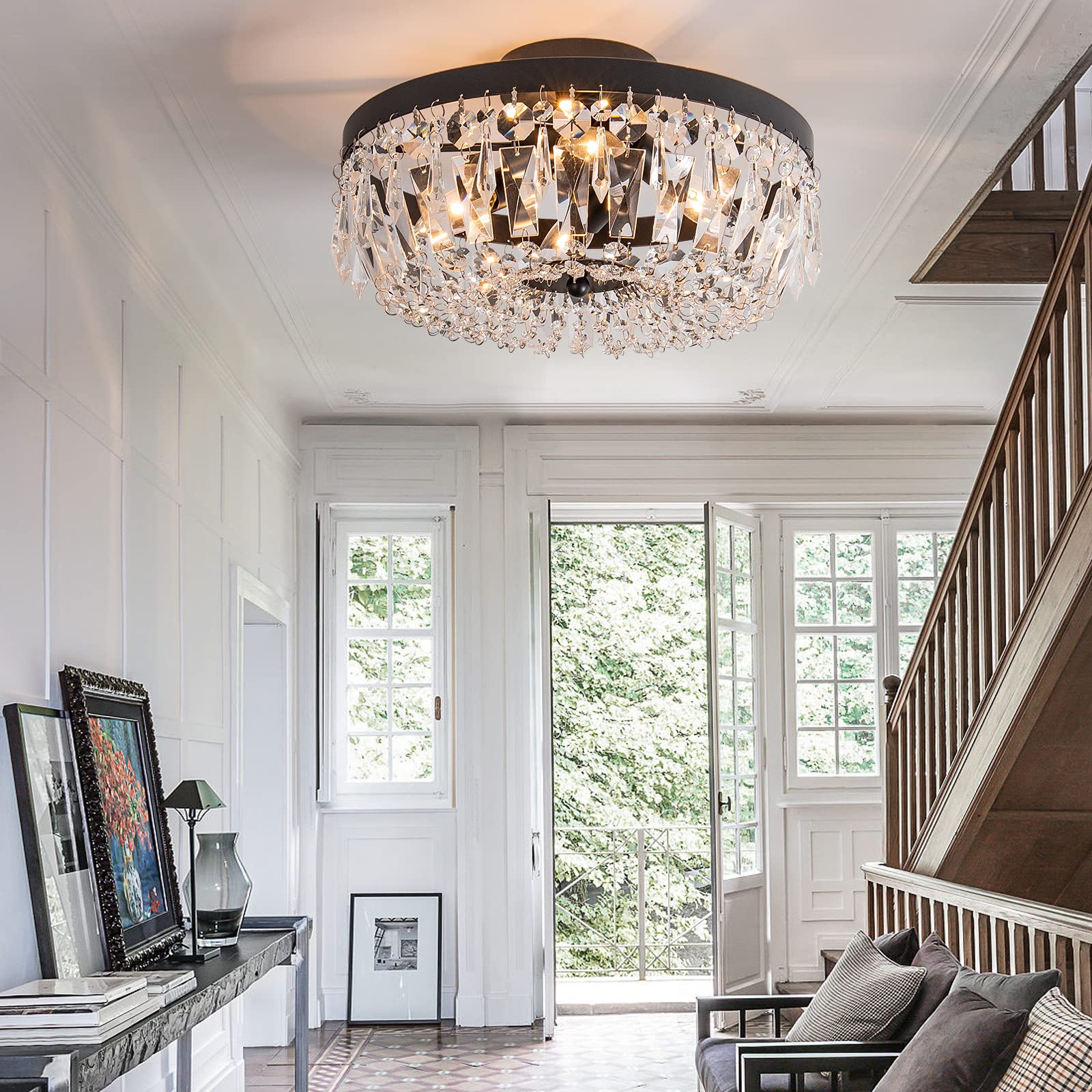 KSRYSZCQ Black Crystal Ceiling Light - 4-Light Semi-Flush Mount Fixture with Elegant Crystals for Bedroom, Living Room, Kitchen & Hallway | Modern Lighting for Dining Room, Foyer & Home Decor
