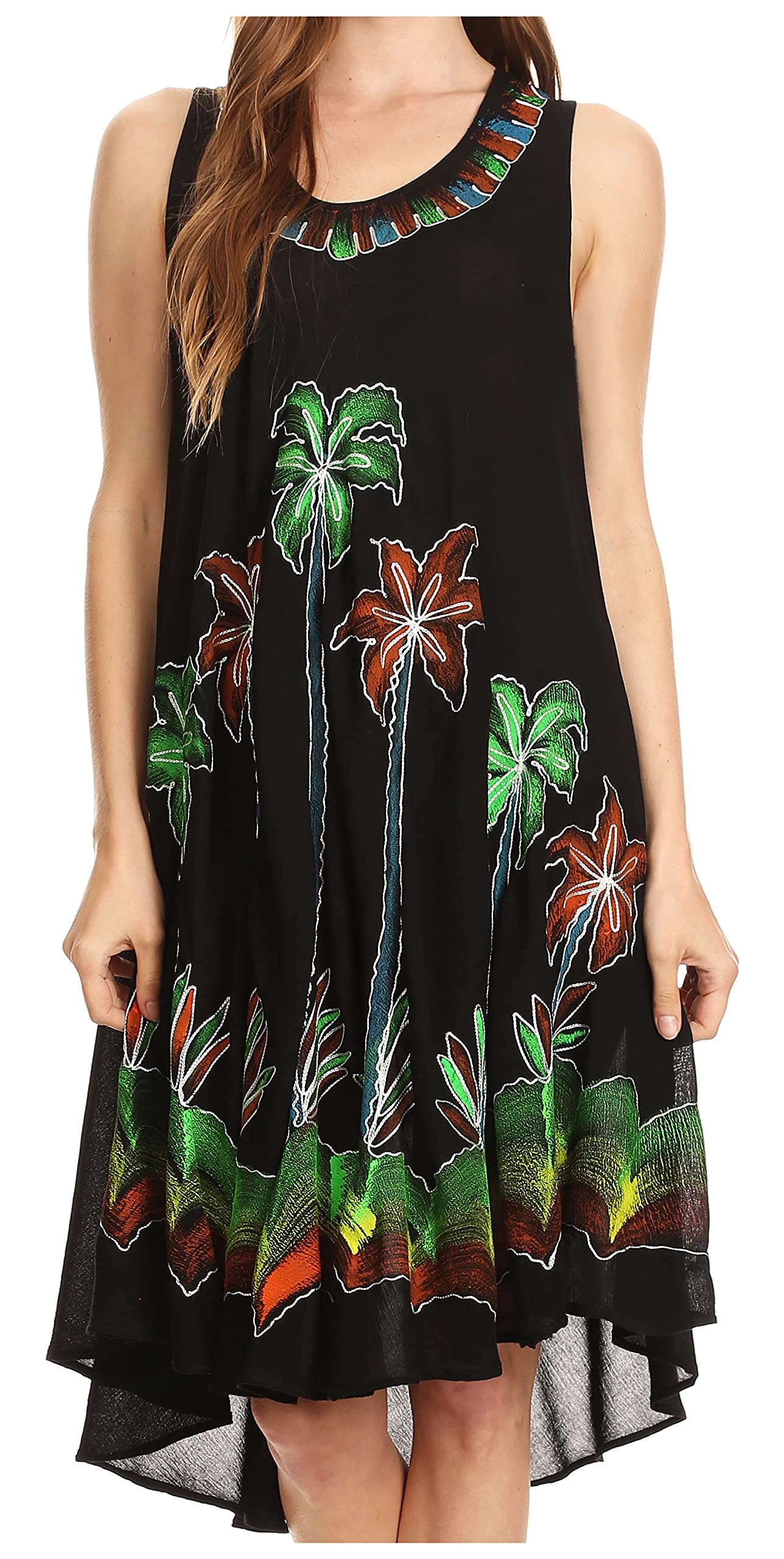 Sakkas Women's Watercolor Palm Tree Print Tank Caftan Short Dress - Beach Cover Up, Summer Vacation, Pool Party, Boho Chic Outfit