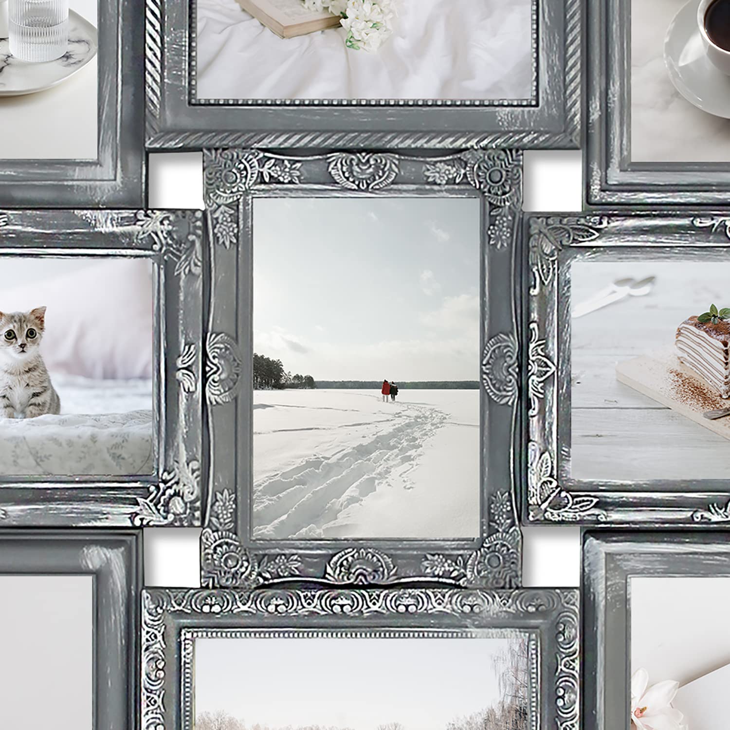 4x6 Picture Frame Collage - 9 Opening Grey Wall Hanging Photo Display for Home Decor | Perfect for Family Photos, Wedding Memories & Living Room Wall Art