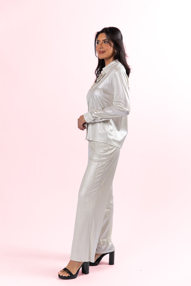 Silver Knit Button Down Shirt and Pants Set for Women - Elegant Office Wear & Casual Outfit | Final Sale