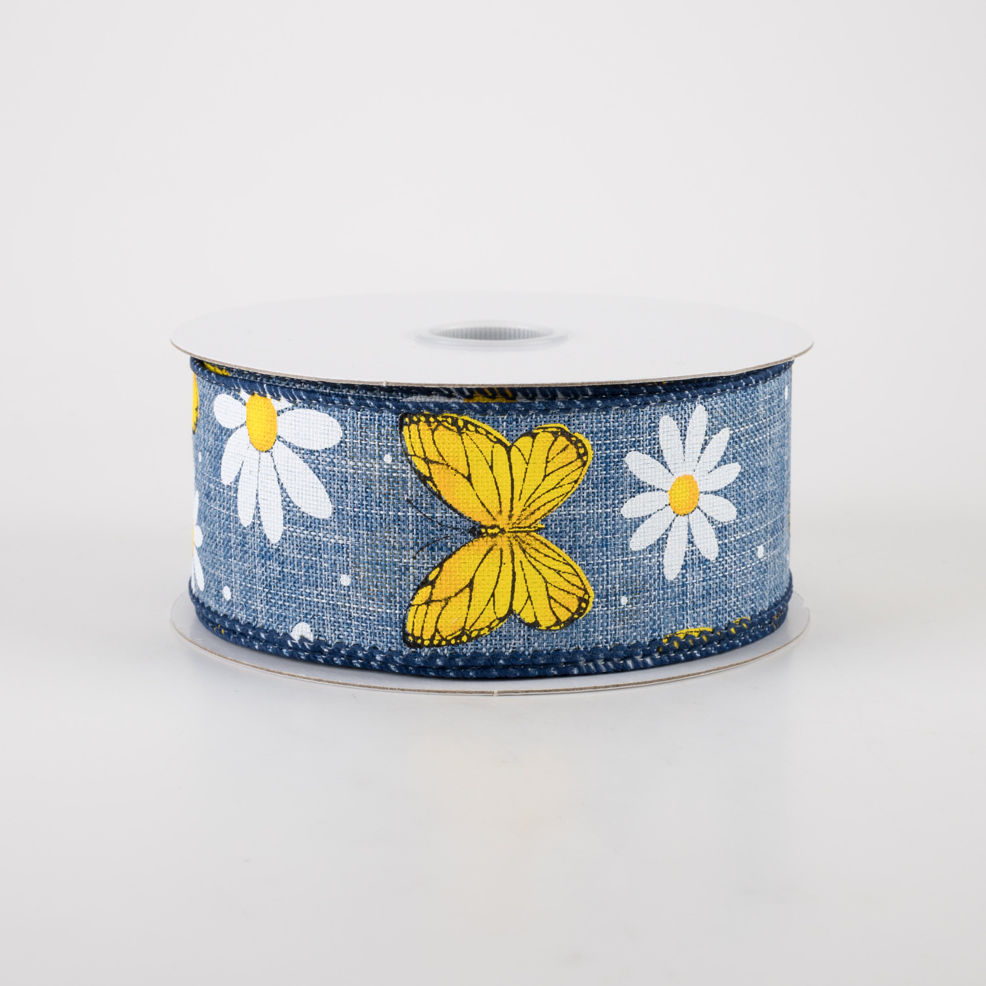 1.5 Inch Daisies & Butterflies Linen Ribbon - Denim Blue (10 Yards) for DIY Crafts, Gift Wrapping, Scrapbooking & Home Decor