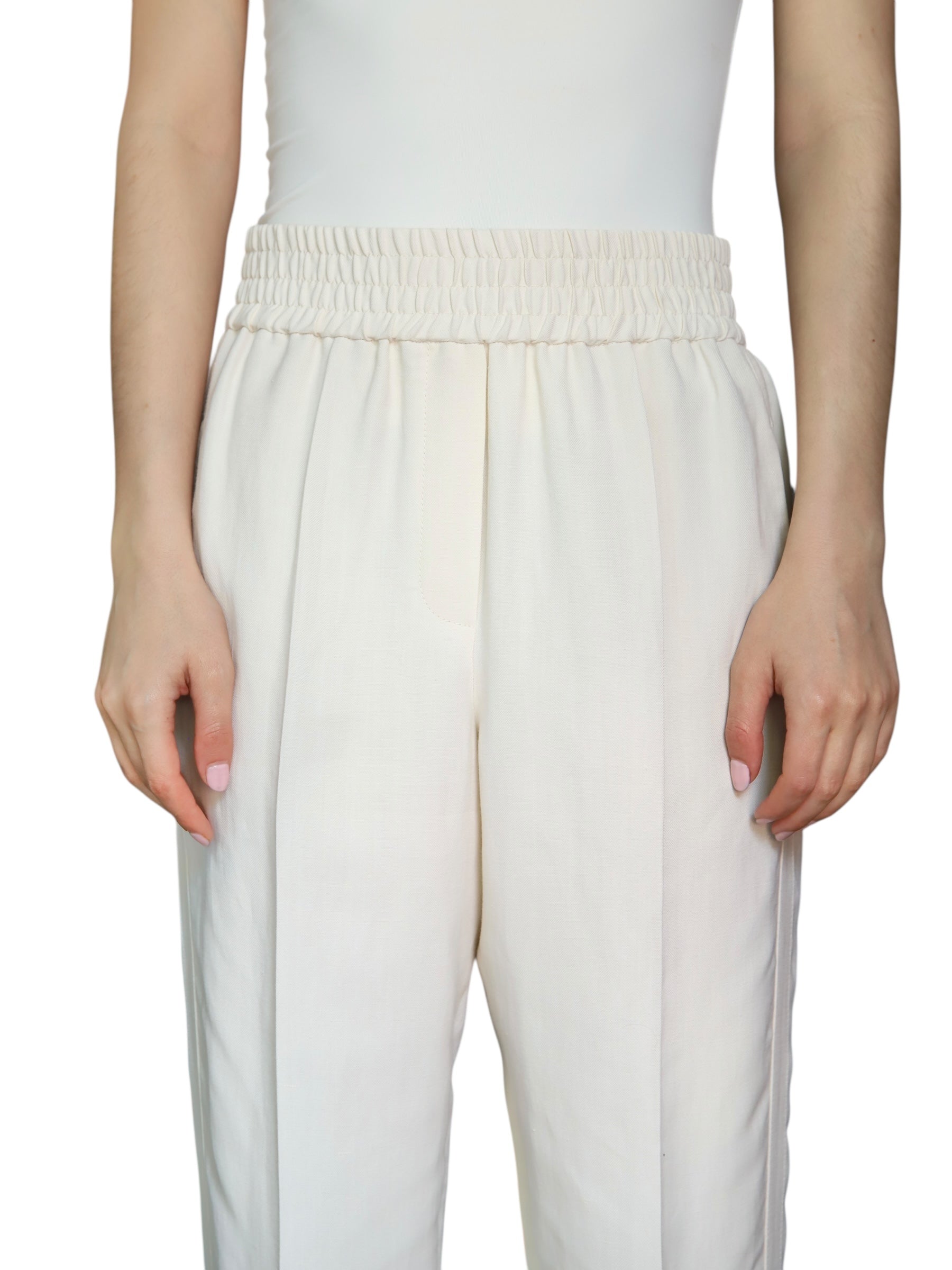 Brunello Cucinelli Ivory Twill Tapered Trousers for Women | Italian Luxury Pants | Size IT 42 / US 6 | Perfect for Office Wear & Formal Occasions