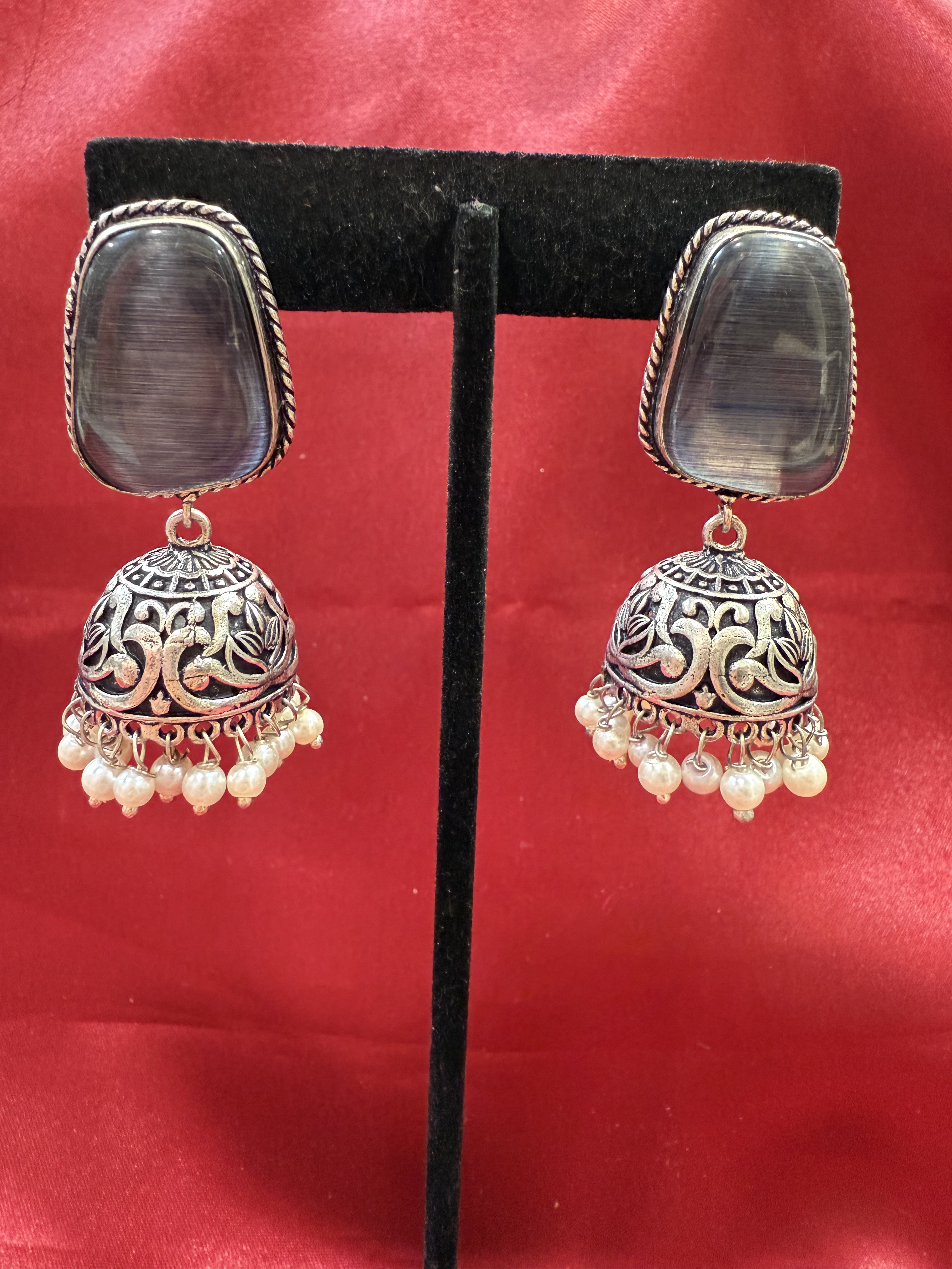 Elegant Oxidized Dark Gray Stone Jhumka Earrings with White Bead Danglers - Perfect for Indian Weddings, Festivals & Boho Fashion