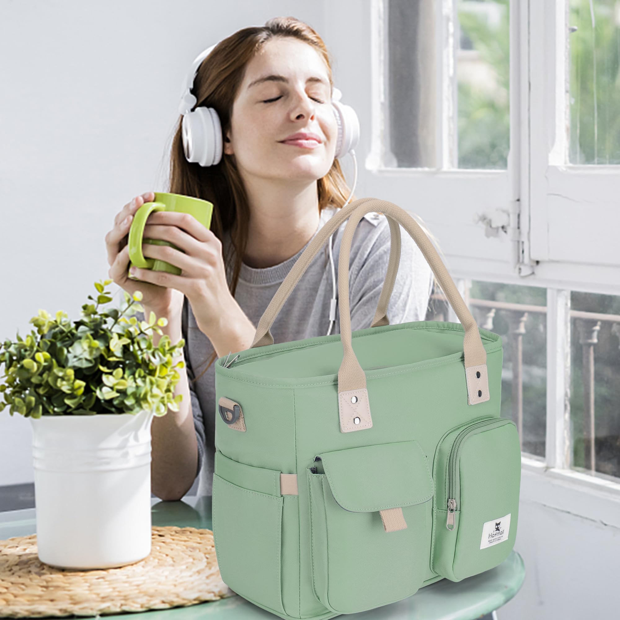 Hafmall Large Insulated Lunch Bag for Women & Men - Leakproof Lunch Box with Shoulder Strap, Wide Opening Reusable Lunch Tote for Work, Office, School, Picnic, Travel & Outdoor Activities - Eco-Friendly Green Lunch Bag