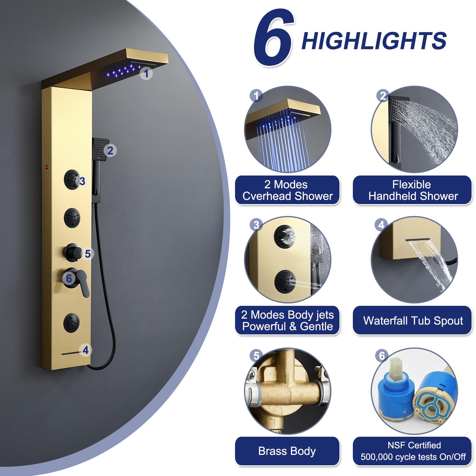 ROVATE 5-in-1 Stainless Steel Shower Panel Tower System - Brushed Gold LED Rainfall Shower with Waterfall, Massage Jets & Handheld Sprayer - High Pressure Bathroom Shower Column with Tub Spout for Luxurious Spa Experience at Home