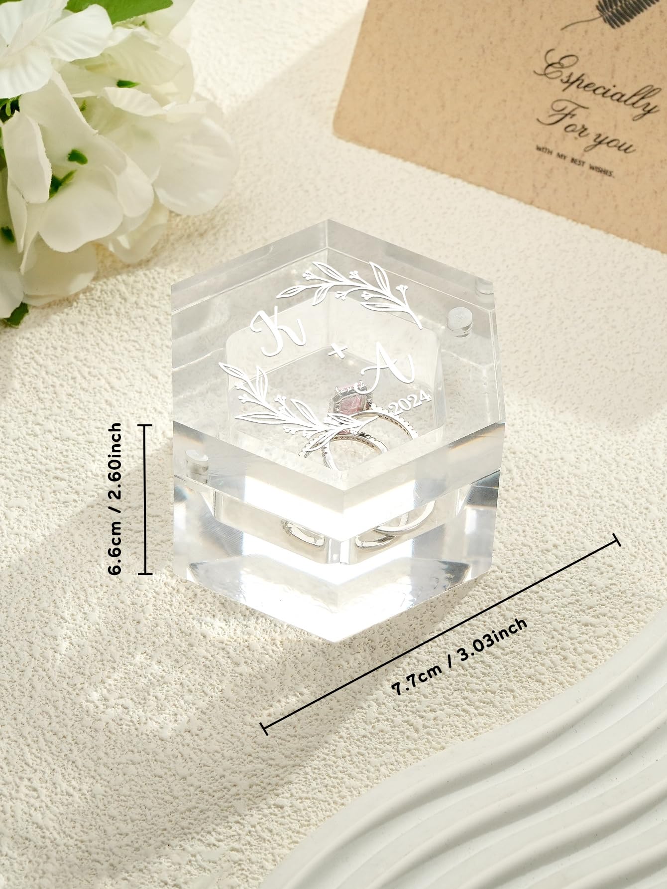 Personalized Clear Hexagon Ring Box with Custom Name & Date - Engraved Wedding Proposal Jewelry Box for Engagement, Anniversary & Special Occasions | Perfect for Ceremonies, Gifts & Keepsakes