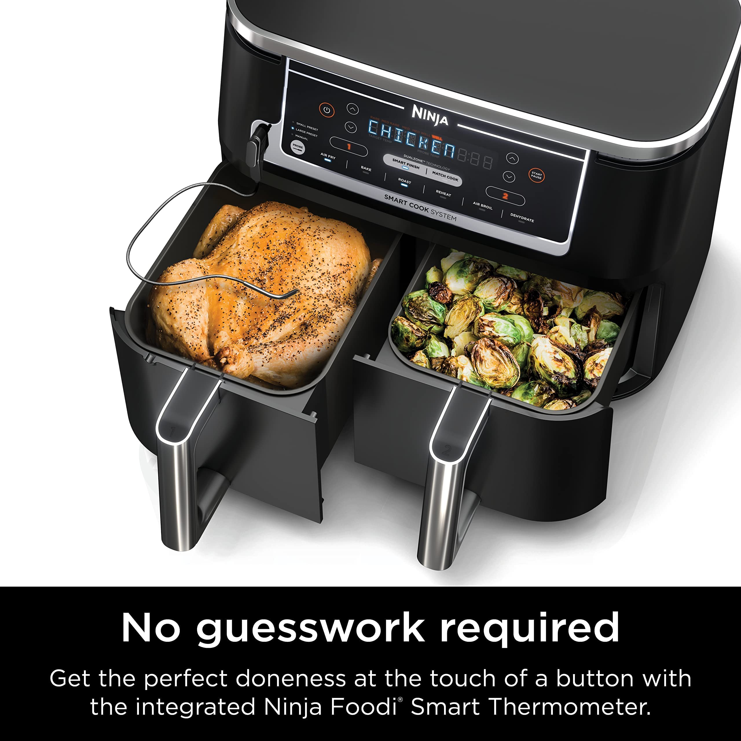 Ninja DZ550 Foodi 10 Quart 6-in-1 DualZone Smart XL Air Fryer with 2 Independent Baskets - Smart Cook Thermometer, Match Cook & Smart Finish - Roast, Dehydrate, Bake, Air Fry - Perfect for Family Dinners, Meal Prep & Healthy Cooking - Grey