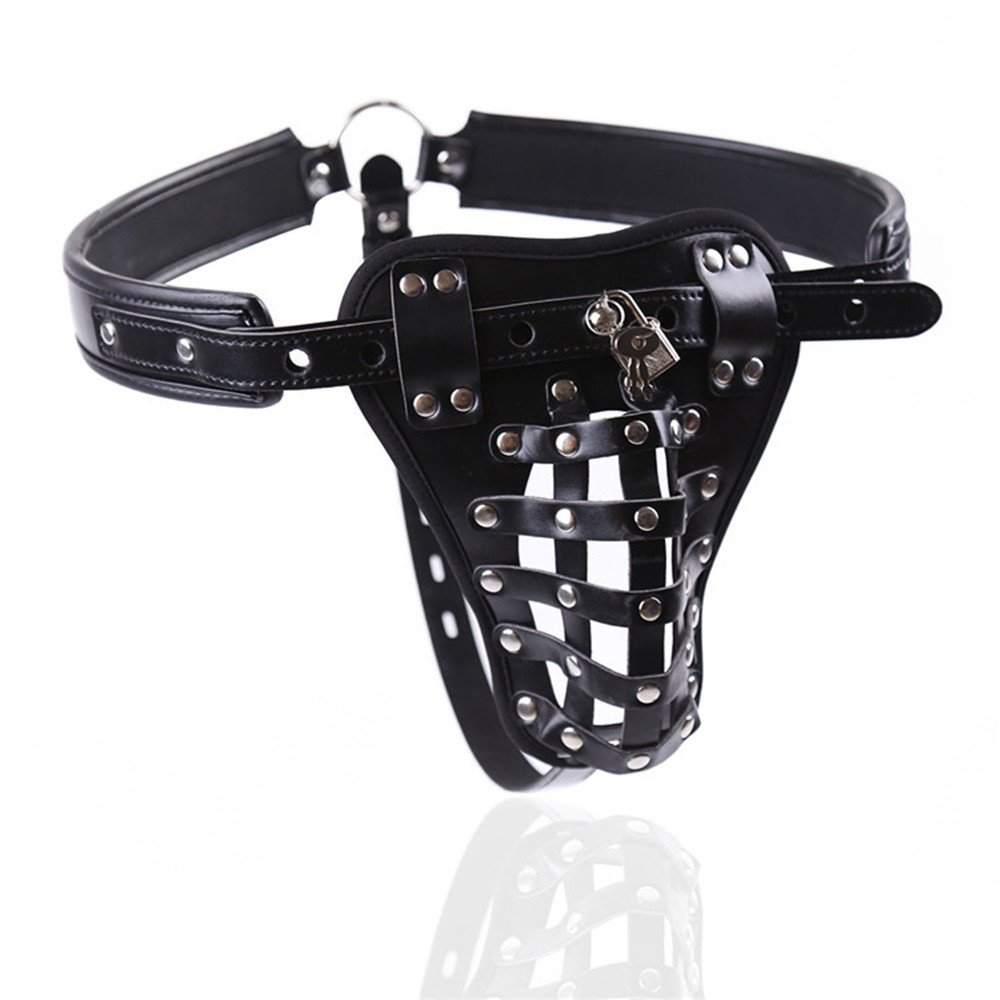 MIUNIKO Men's Leather Chastity Belt with Penis Lock Cage - BDSM Bondage Gear for Adults - Black - Perfect for Dominance Play & Fetish Scenes