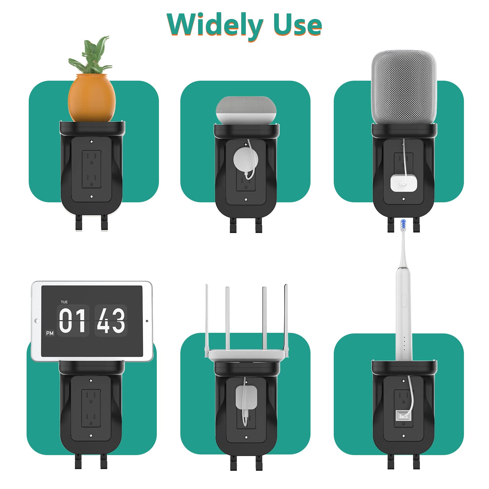 WALI Outlet Shelf Wall Holder for Duplex GFCI Decorative Outlet - Space Saving Smart Home Organizer with Cable Management, Holds Speakers up to 20lbs (OSH002-B, Black) - Perfect for Bedroom, Living Room & Home Office Setup