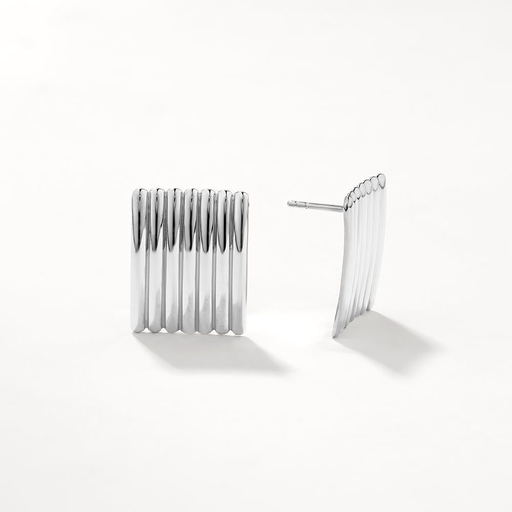 Silver Ribbed Square Stud Earrings for Women - Minimalist Geometric Jewelry for Everyday Wear & Gift Giving