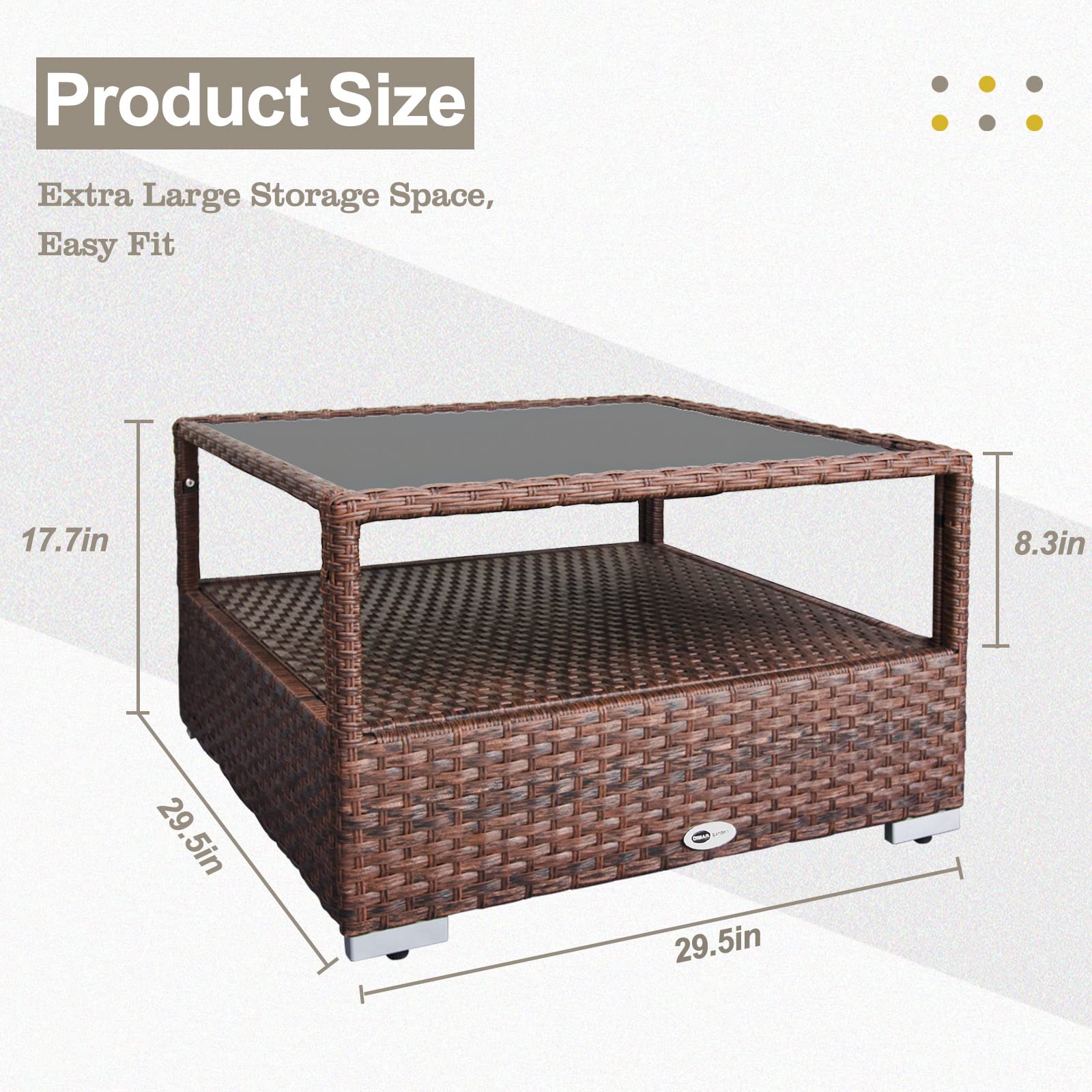DIMAR GARDEN Outdoor Coffee Table - 29.5 Inch Wicker Patio Rattan Side Table with Tempered Glass Top & Storage Shelf, Mixed Brown - Perfect for Garden, Balcony, and Poolside Relaxation