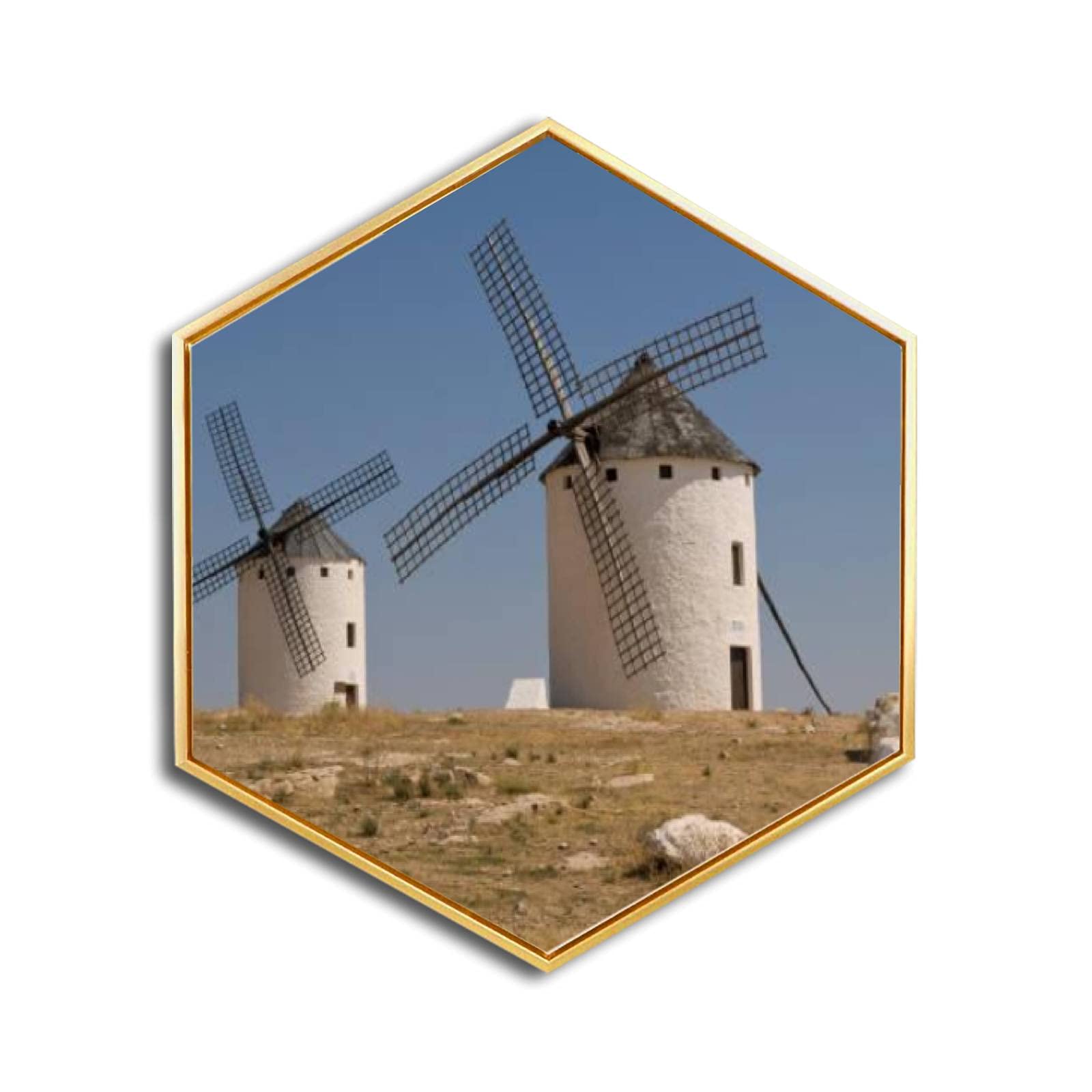 Golden Framed Windmill Canvas Wall Art - Campo de Criptana Landscape Giclee Print, Minimalist Modern Home & Office Decor, Ready to Hang Hexagon Painting for Living Room, Bedroom or Workspace