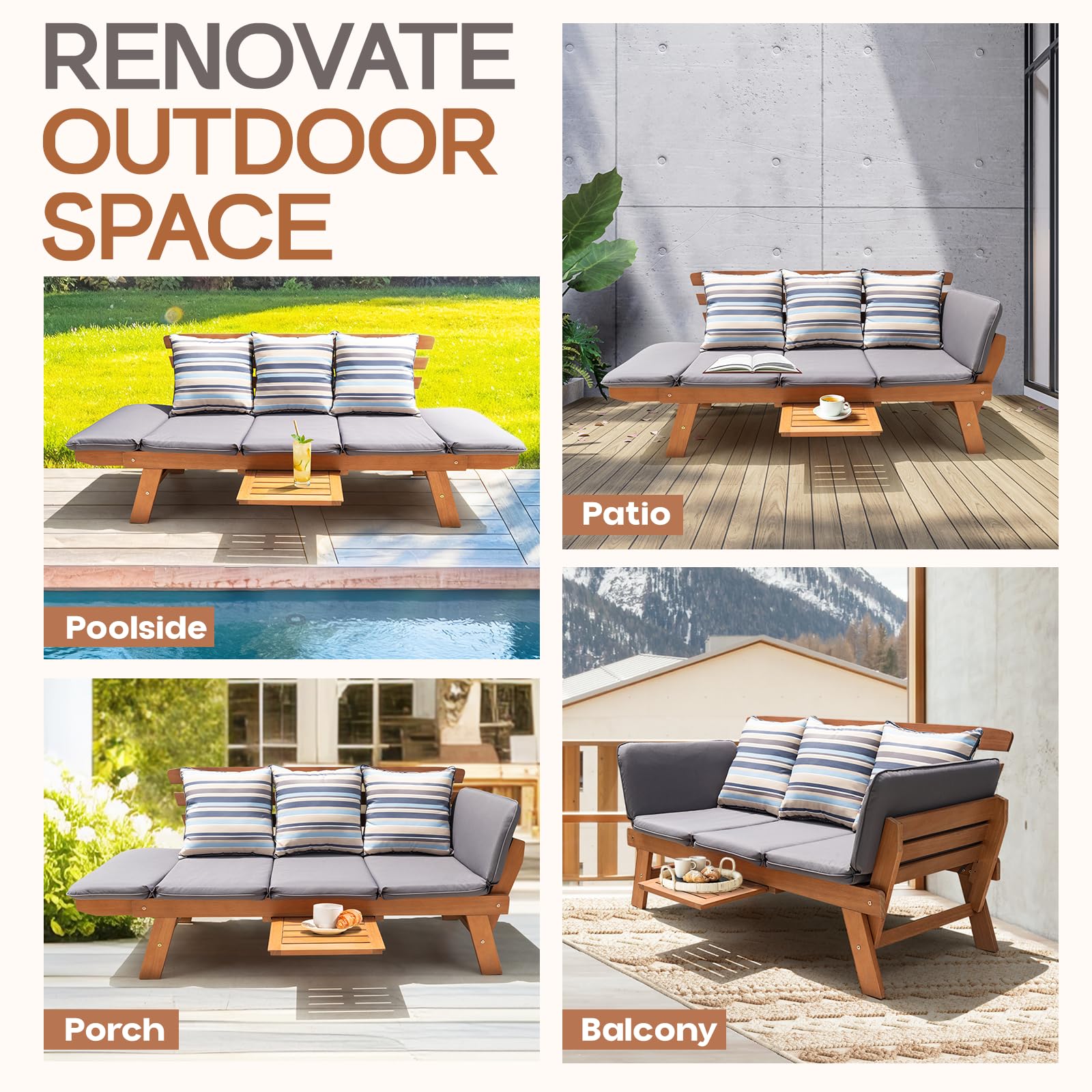Idzo Amelie Outdoor Daybed Sofa - 750lbs Weight Capacity, Convertible Sleeper Chair with Armrests & Coffee Tray, Includes 3 Comfort Pillows, FSC Certified Wood Frame in Modern Gray - Perfect for Patio, Poolside, Garden or Backyard Relaxation