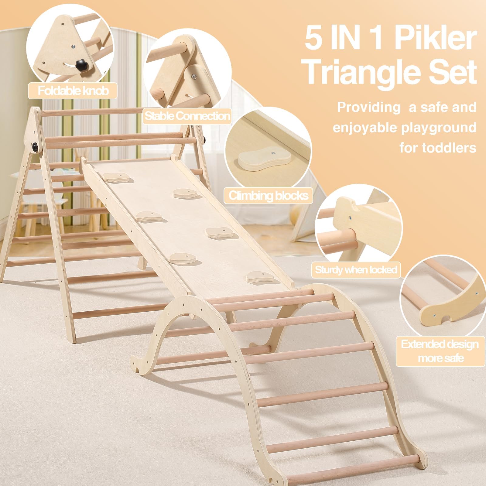 5-in-1 Foldable Pikler Triangle Set with Slide & Climbing Arch - Montessori Wooden Climbing Toy for Toddlers Ages 3-6 - Indoor Jungle Gym for Kids - Perfect for Playrooms, Daycares & Home Play Areas
