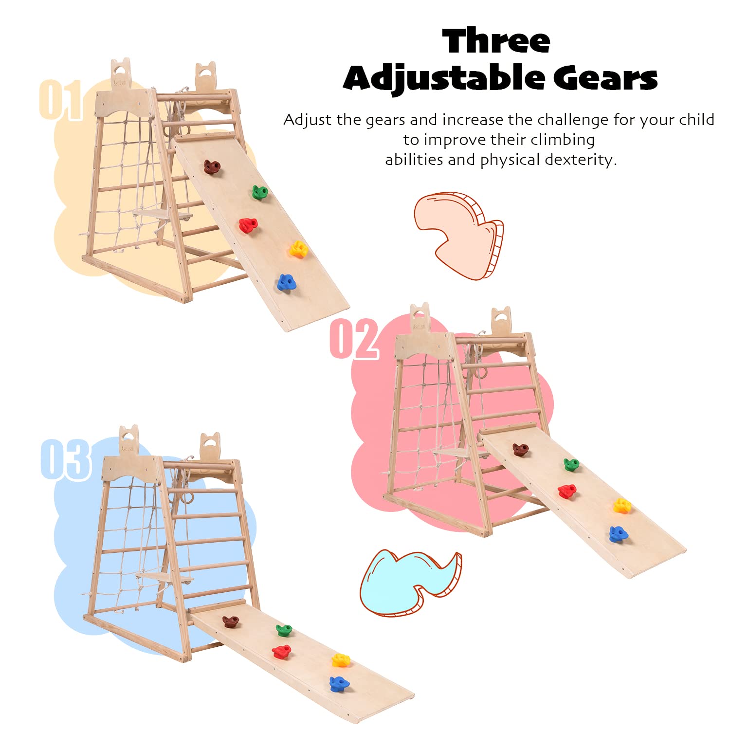 8-in-1 Wooden Jungle Gym Indoor Playground Set for Toddlers - Montessori Climbing Toys with Slide, Swing, Climbing Net, Tent & Gymnastics Rings - Perfect for Home Playrooms, Daycares & Indoor Active Play