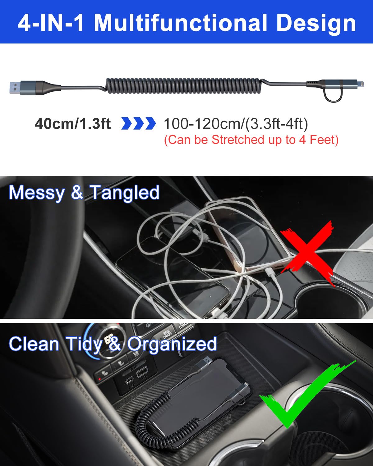 4-in-1 USB C and Lightning Cable Combo - 60W PD Fast Charging & Data Sync - Coiled Multi Charging Cable for CarPlay & Android Auto - Compatible with iPhone, Android, iPad, MacBook - Perfect for Car, Home & Office Charging