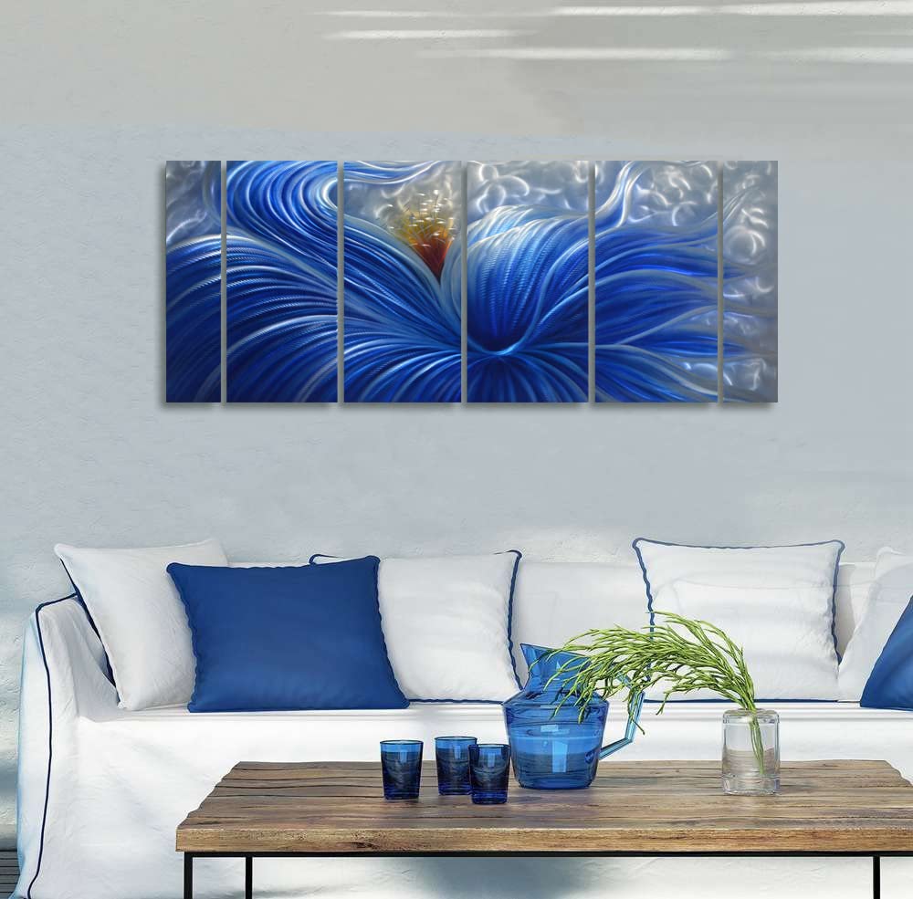 Handmade Blue Flower Metal Wall Art - Abstract Modern & Contemporary Wall Sculpture - Silver Aluminum Wall Decor - 6 Panels 65