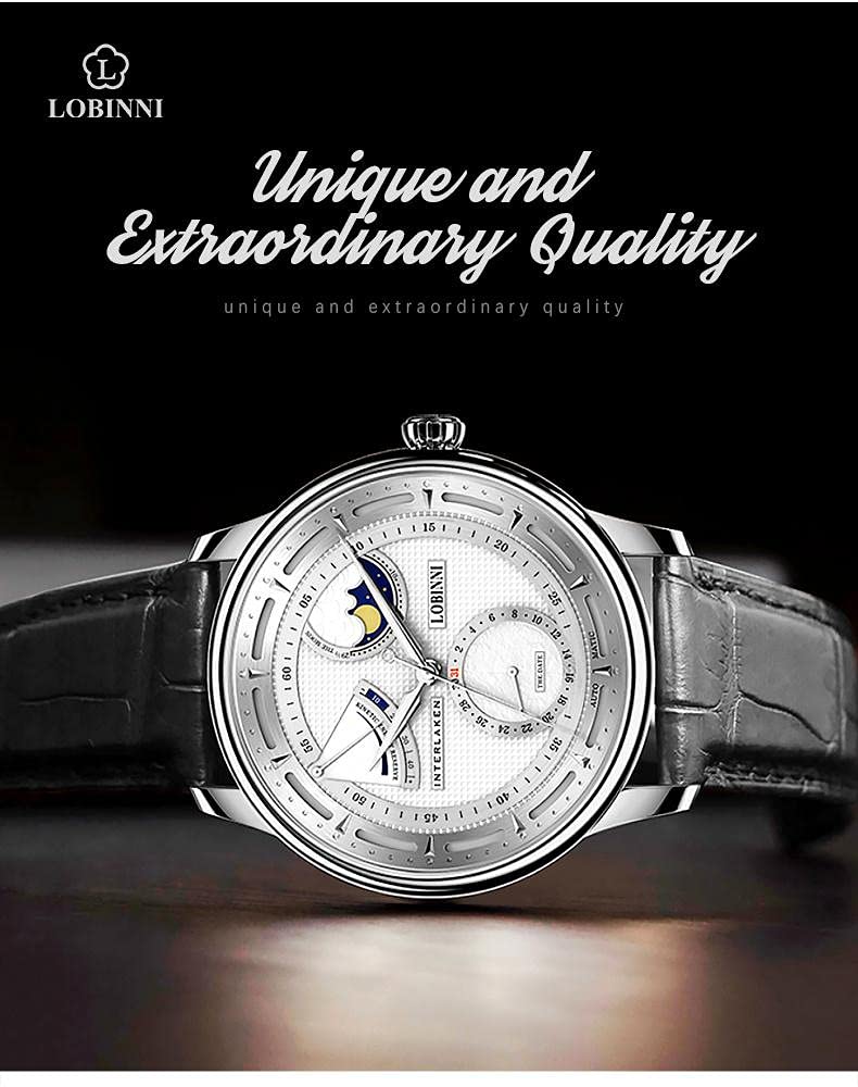 LOBINNI Men's Moon Phase Automatic Mechanical Watch - Waterproof Luxury Dress Wristwatch for Business & Formal Occasions | Elegant Timepiece for Grooms, Professionals & Special Events