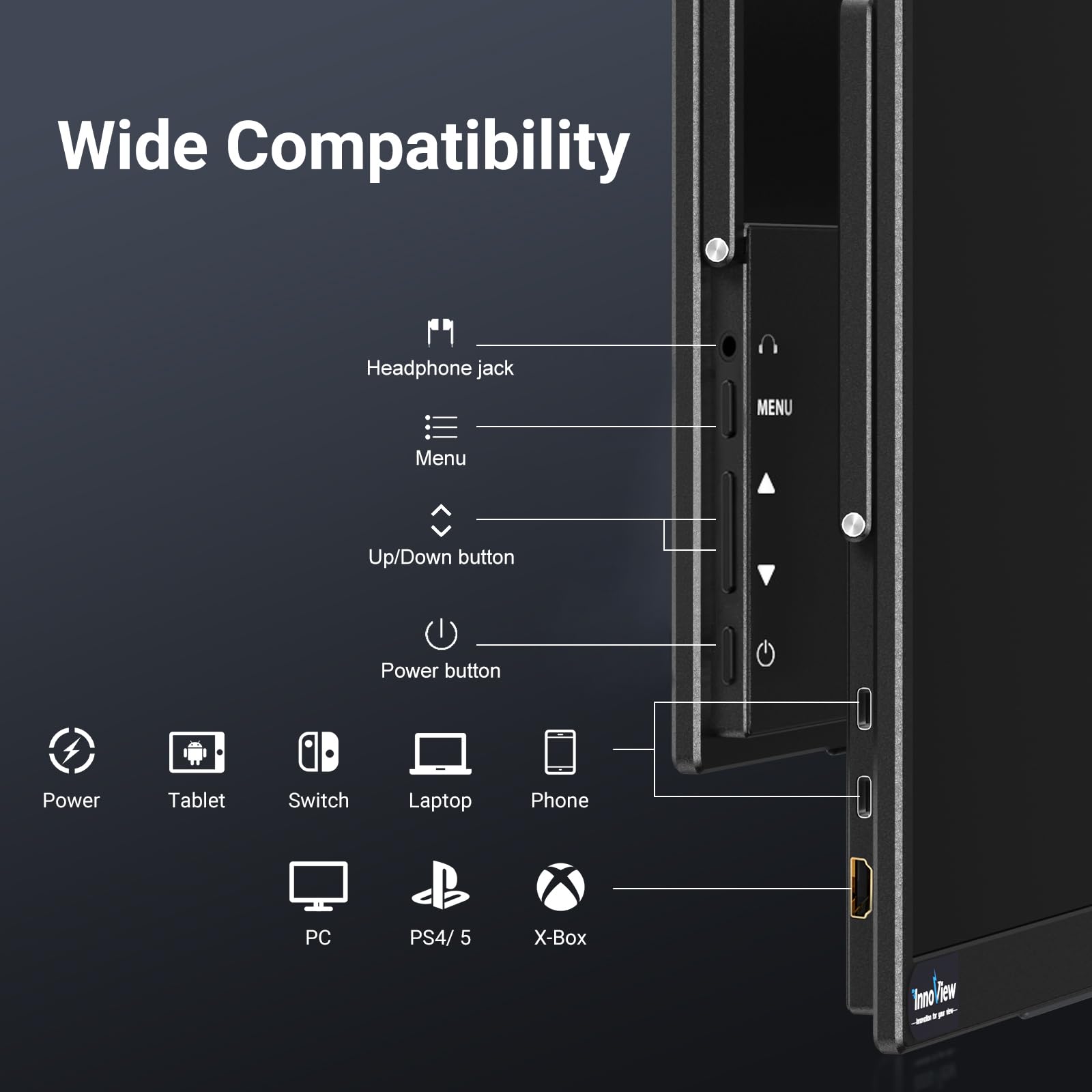 18.5 Inch Portable Monitor - InnoView 100Hz 120% sRGB 1080P FHD IPS Screen, USB-C HDMI HDR Gaming Monitor with Kickstand for Laptop, Mac, PC, Xbox, PS4/5, Nintendo Switch - Perfect for Travel, Work & Gaming