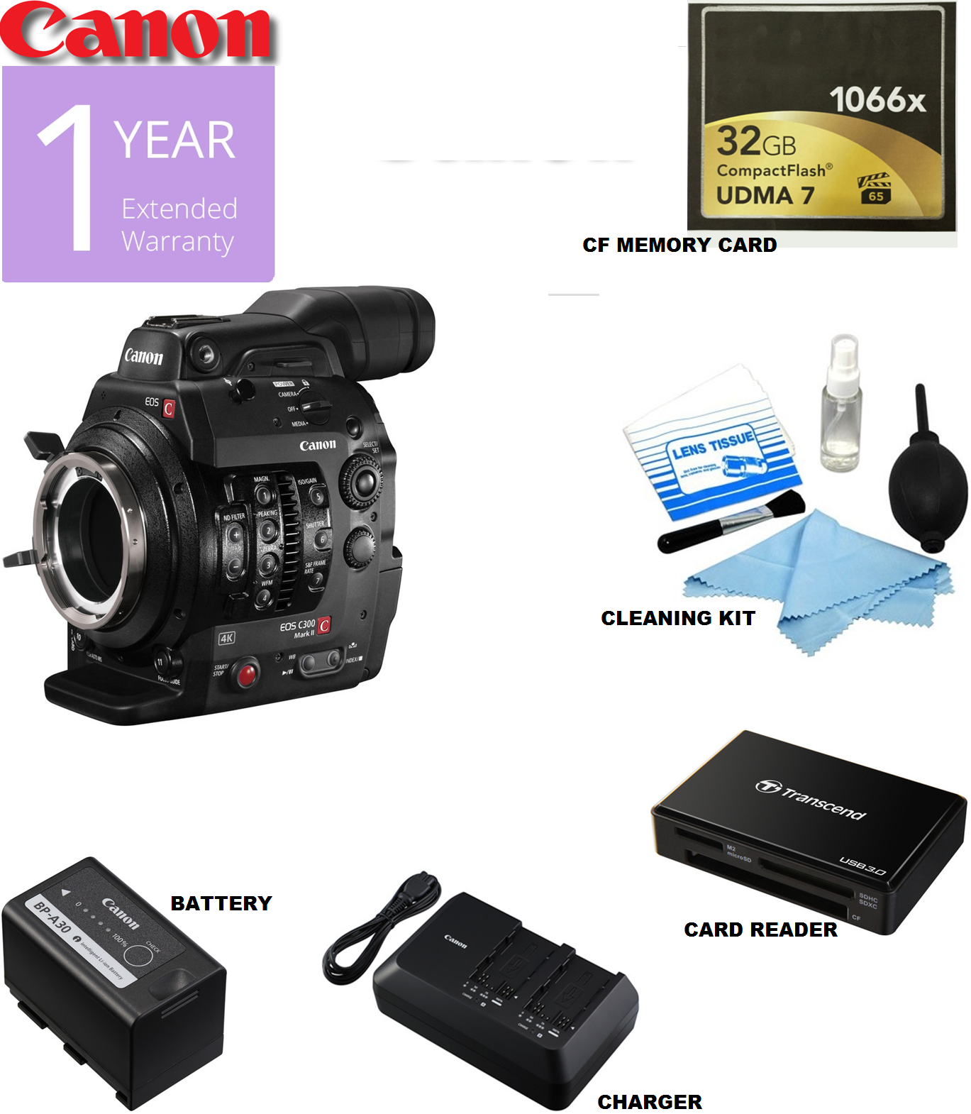 Canon Cinema EOS C300 Mark II Professional 4K Camcorder Body (PL Lens Mount) with Lexar 32GB CF Card, Card Reader & Cleaning Kit - Perfect for Filmmaking, Documentary & Broadcast Production