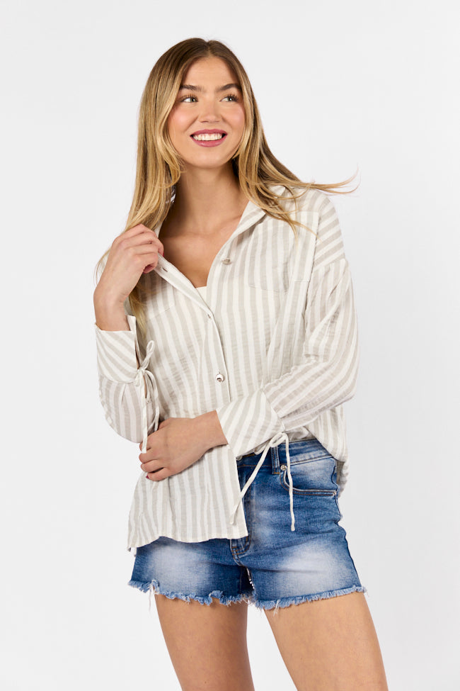Cruel Summer Tan and Ivory Striped Gauze Button Down Shirt for Women | Lightweight Breathable Summer Blouse | Perfect for Beach Vacations, Music Festivals & Casual Outings