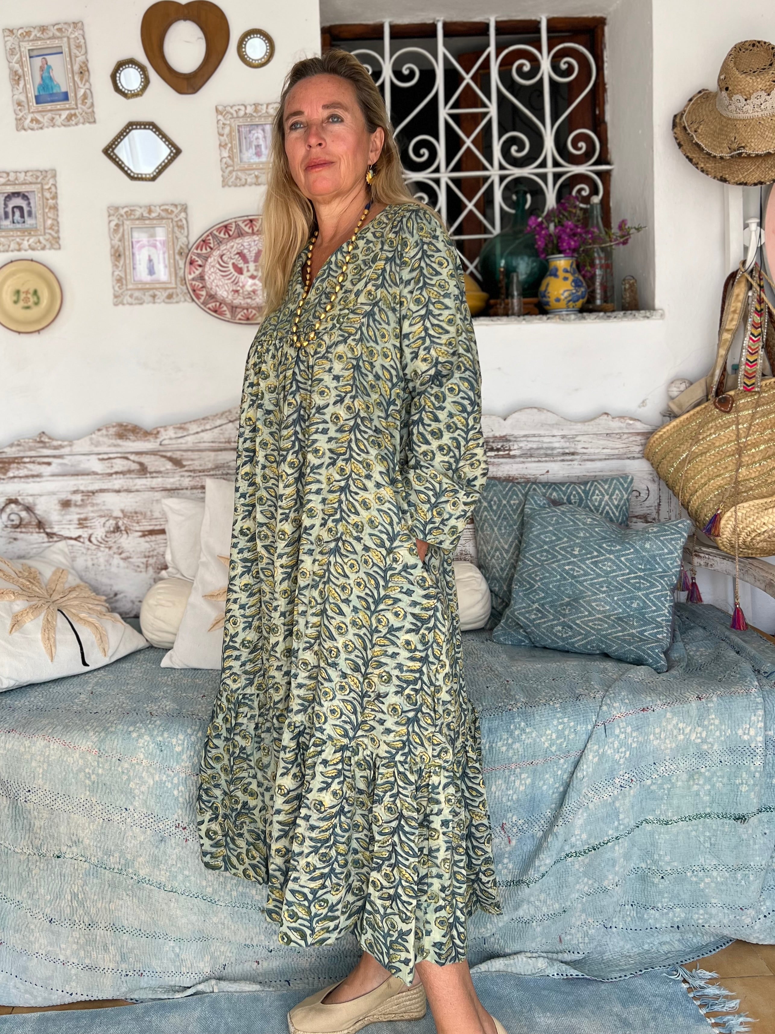 Vintage Boho Dress with Bagru Print - Flowy Maxi Dress for Women, Perfect for Festivals, Beach Vacations & Boho Chic Outfits