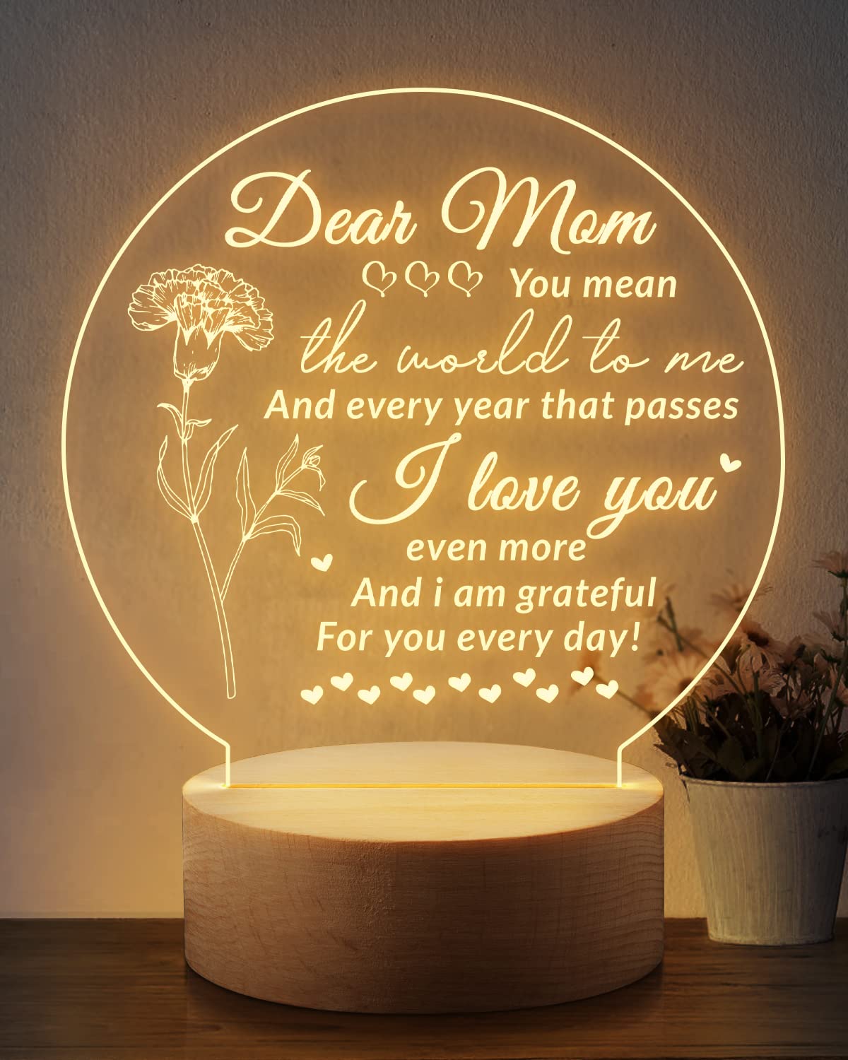 **Personalized Engraved Night Light for Mom - 7.2 Inch Acrylic USB-Powered Low Energy Night Lamp - Perfect Birthday, Mother's Day Gift from Daughter or Son - Ideal for Bedroom, Nursery, or Hallway Lighting**