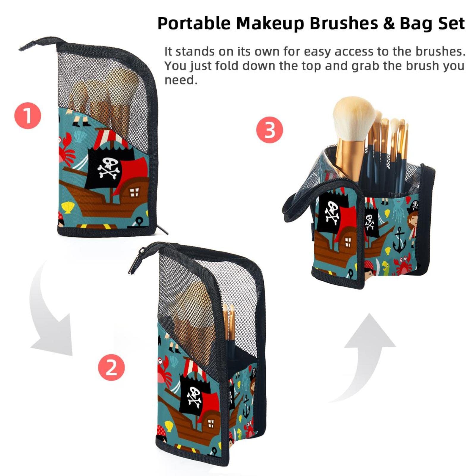 Cartoon Pirate Ocean Theme Makeup Brush Organizer Bag - 12 Slot Portable Makeup Brush Holder Case for Travel, Home & Professional Makeup Artists