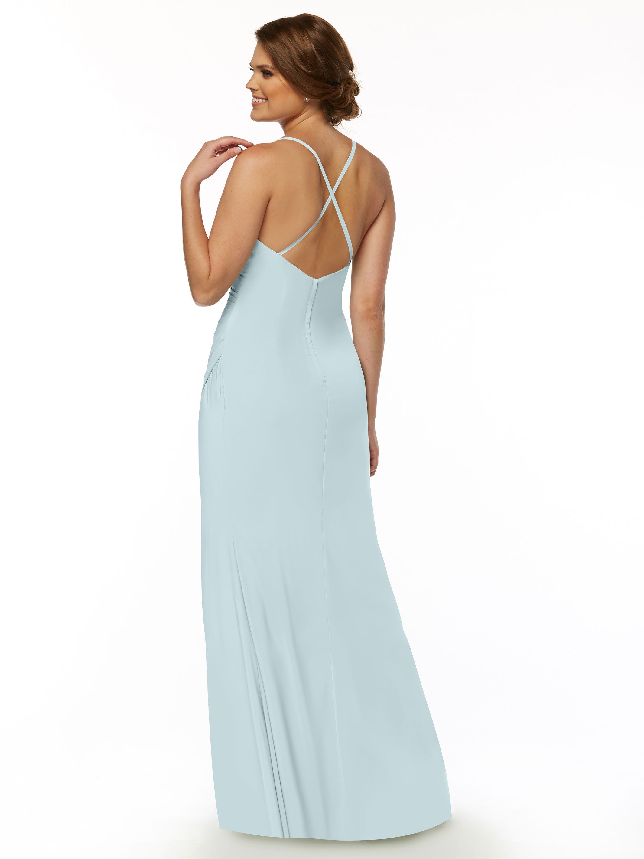 Elegant 80114 Stretch Chiffon Sheath Bridesmaid Dress with Ruching & High Slit - Perfect for Weddings, Formal Events & Evening Parties