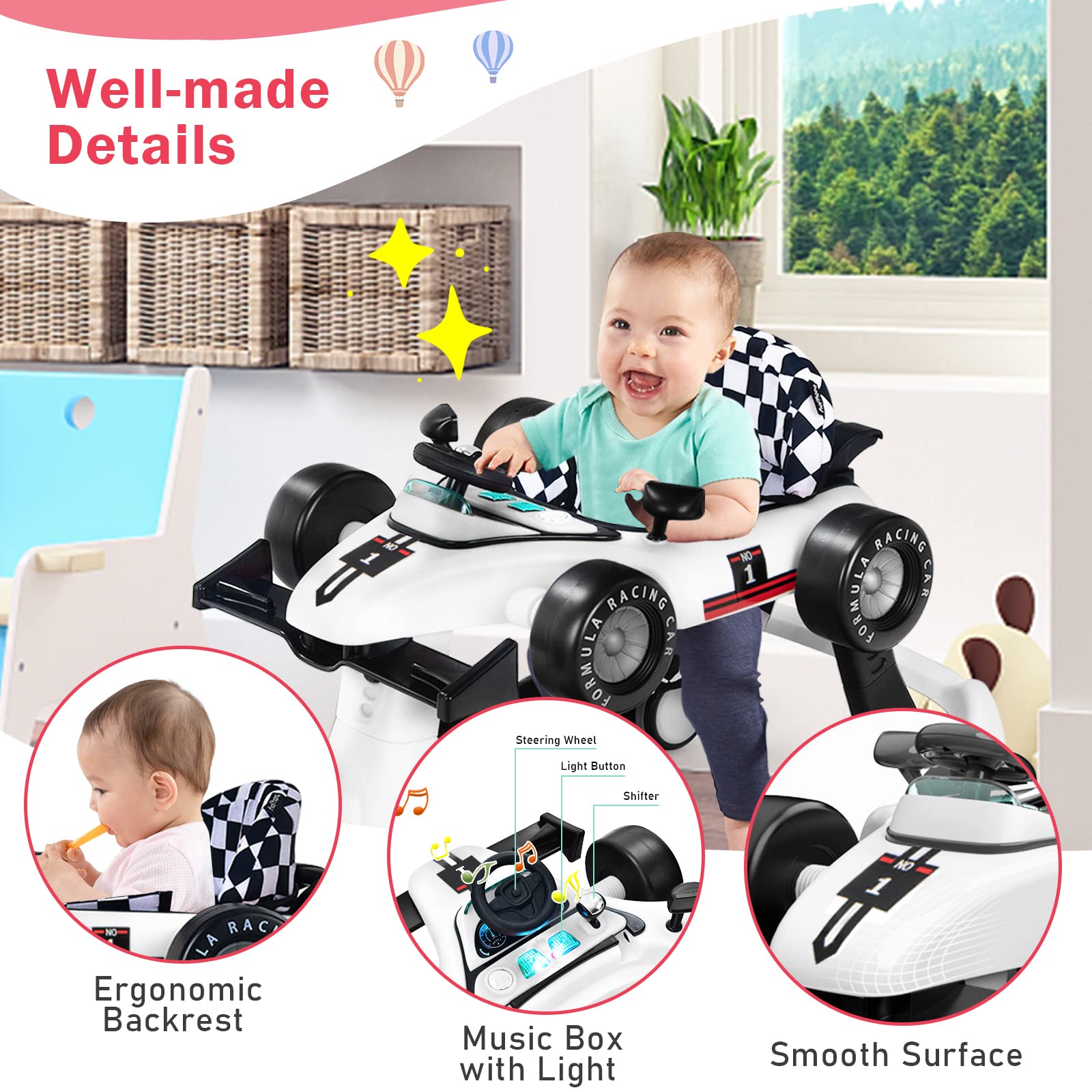 BABY JOY 4-in-1 Foldable Baby Walker with Adjustable Height & Speed - Musical Light-Up Activity Walker with Anti-Rollover Safety Wheels for Toddlers 6-18 Months (White) | Perfect for Learning to Walk, Indoor Play & First Birthday Gifts for Boys & Girls