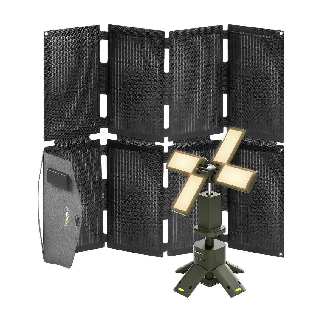 BougeRV 100W Foldable Portable Solar Panel with N-Type Cells & Camping Lantern - Perfect for RV, Camping, Hiking, and Emergency Power Supply