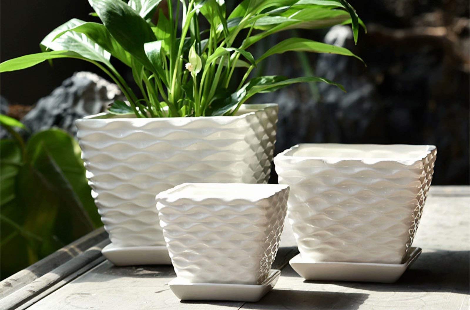 Geometric White Ceramic Flower Pots with Saucers - Set of 3 Different Sizes for Indoor & Outdoor Plants | Modern Garden Planters for Succulents, Herbs, Flowers | Home Decor & Gardening Gifts
