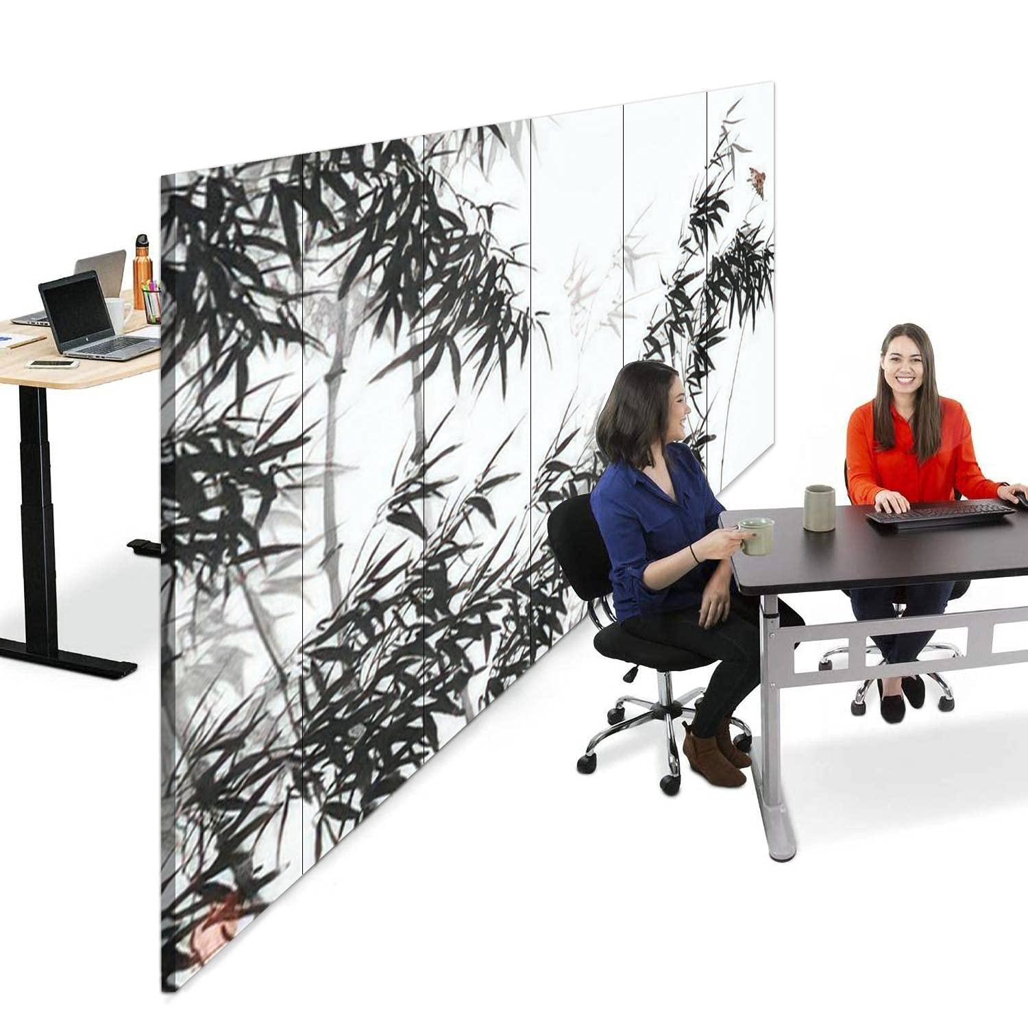 6-Panel Bamboo Canvas Room Divider with Chinese Ink Wash Painting - Folding Privacy Screen for Bedroom, Office & Living Room Separator | Home Decor Partition Wall