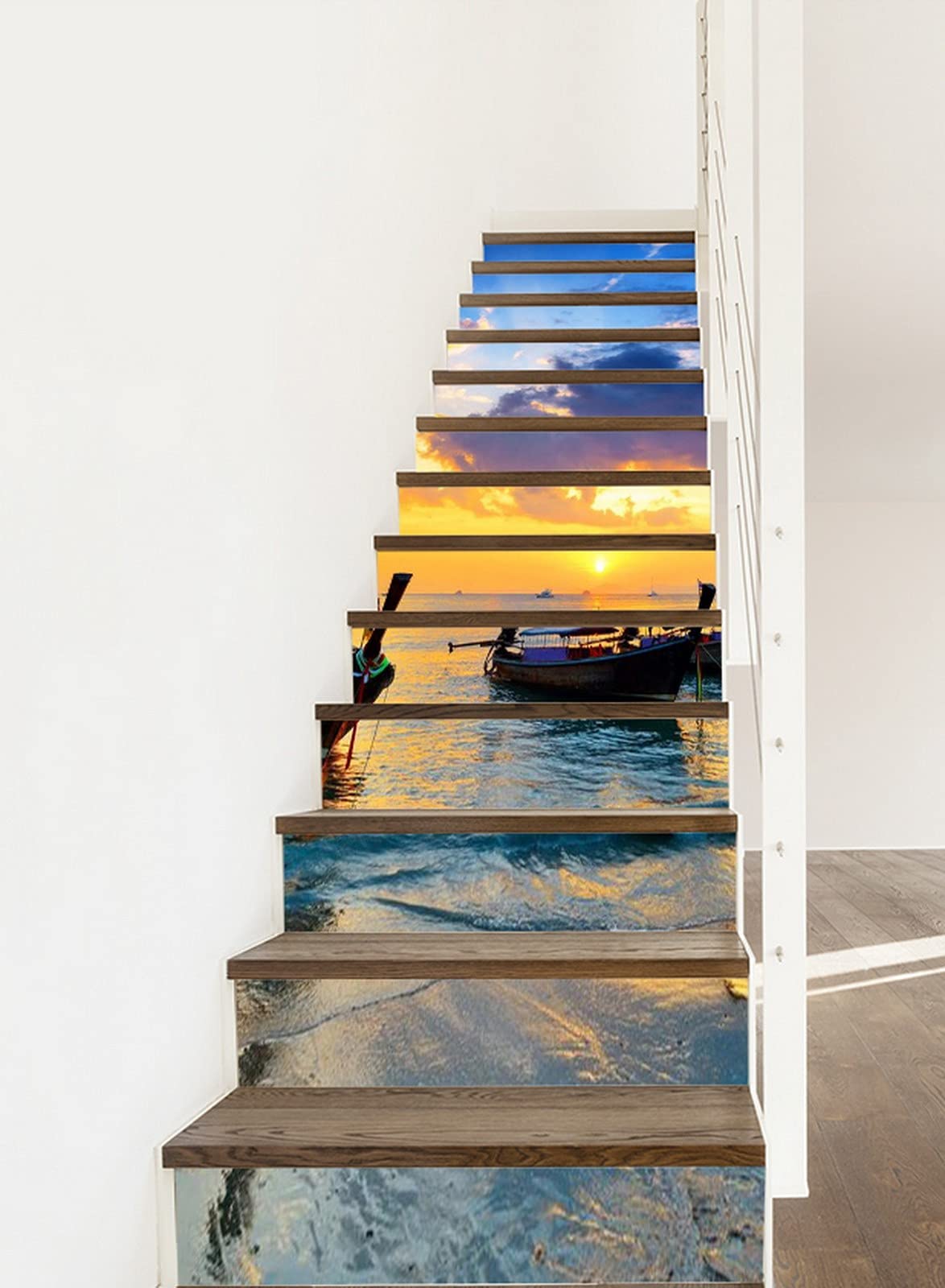 3D Self-Adhesive Removable Stair Stickers - Traditional Thai Boat Beach Sunset Scenery Vinyl Decals for Stairs, Kitchen Tiles & Walls (13-Piece Set) | Perfect for Home Decor, DIY Projects & Rental Property Upgrades