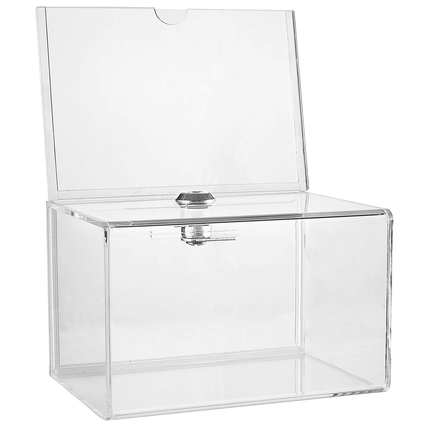 Acrylic Donation Box with Lock - 6.25 x 4.25 inch Secure Voting Ballot Box for Fundraising, Office Suggestions, Prize Drawings & Elections - Includes Display Sign Holder & Keys