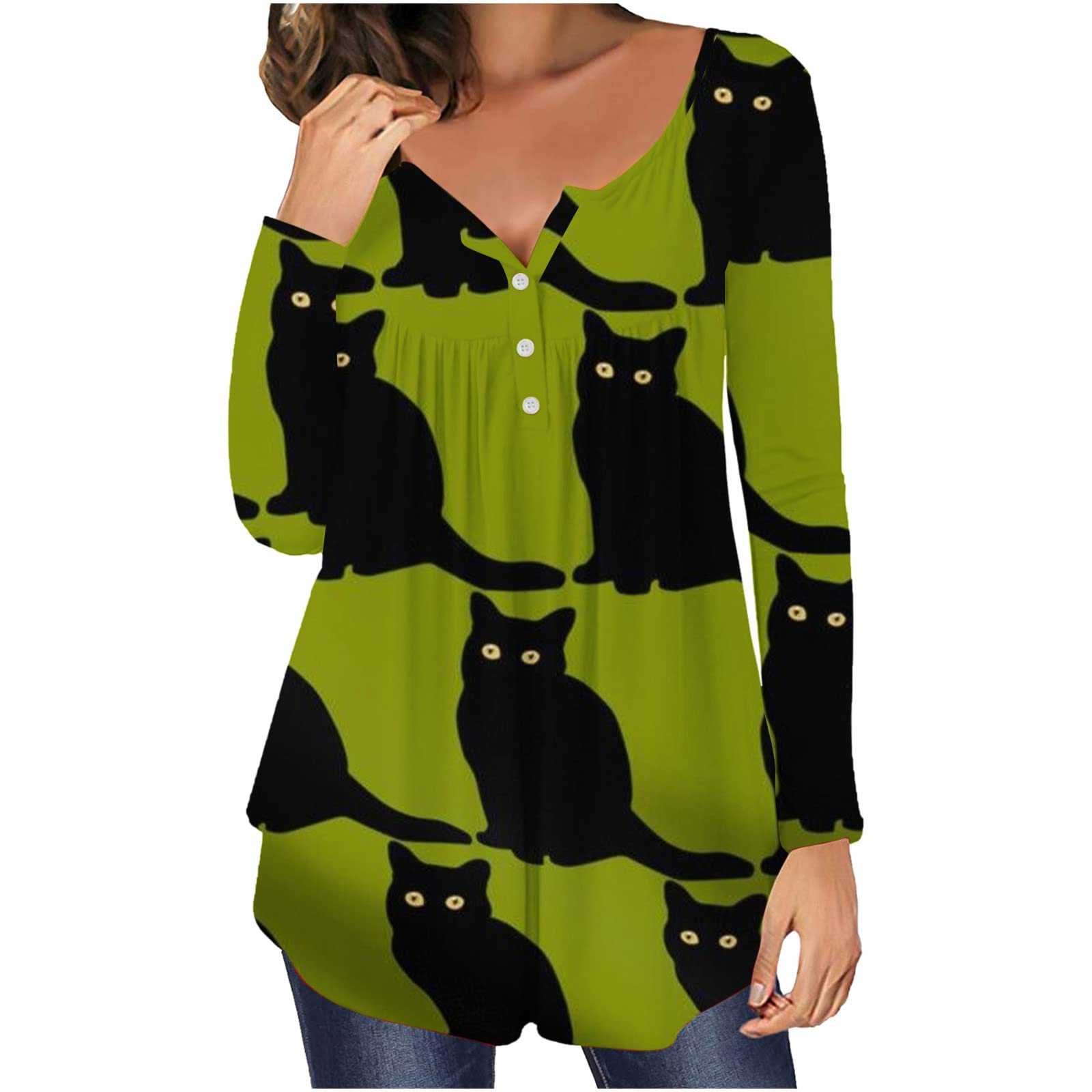YZHM Women's Henley V-Neck Button-Up Tunic Tops - Flowy Long Sleeve Graphic Tees for Leggings - Casual Outfit & Layering Essential for Fall & Winter